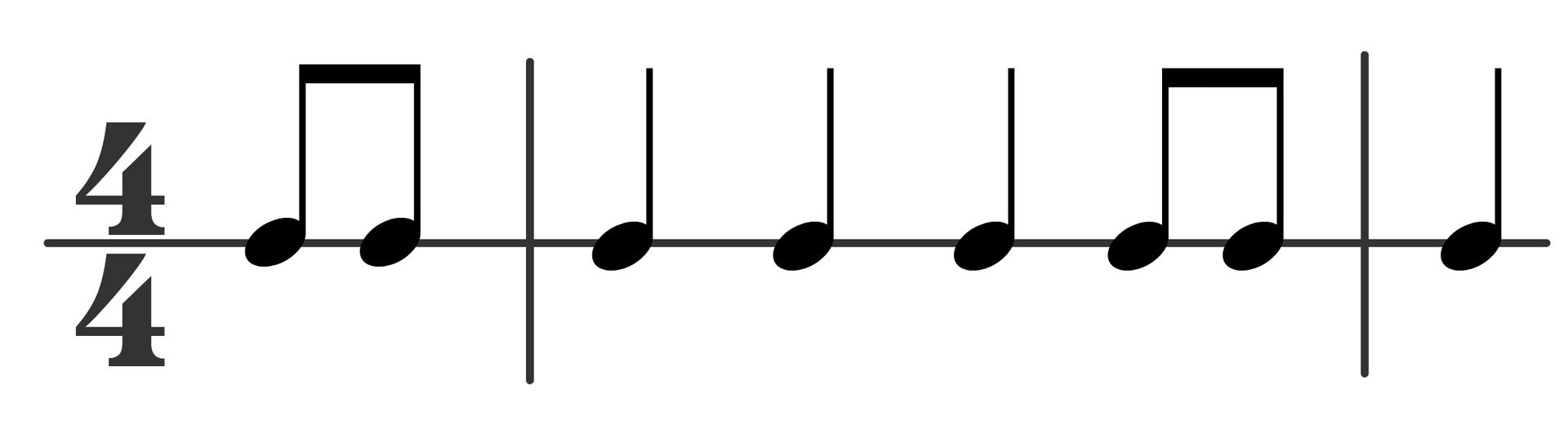 Ilustracja przedstawia białą planszę, na której znajduje się takt oraz nuty. Z lewej strony jest metrum 4/4, następnie dwie ósemki, kreska taktowa, w nowym takcie – trzy ćwierćnuty oraz dwie ósemki, kreska taktowa, ćwierć nuta. 