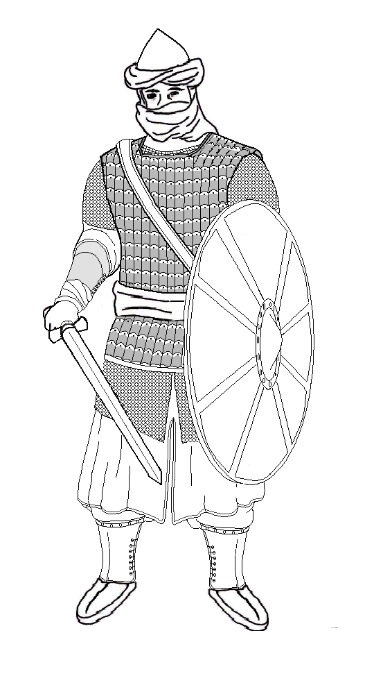 Czarno-biały rysunek przedstawia żołnierza w zbroi, z tarczą w lewej dłoni i mieczem w prawej. Na głowie ma turban, na twarzy chustę, widać tylko jego oczy. Pod zbroją ma ubranie z długim rękawem, długie spodnie oraz zakryte buty.