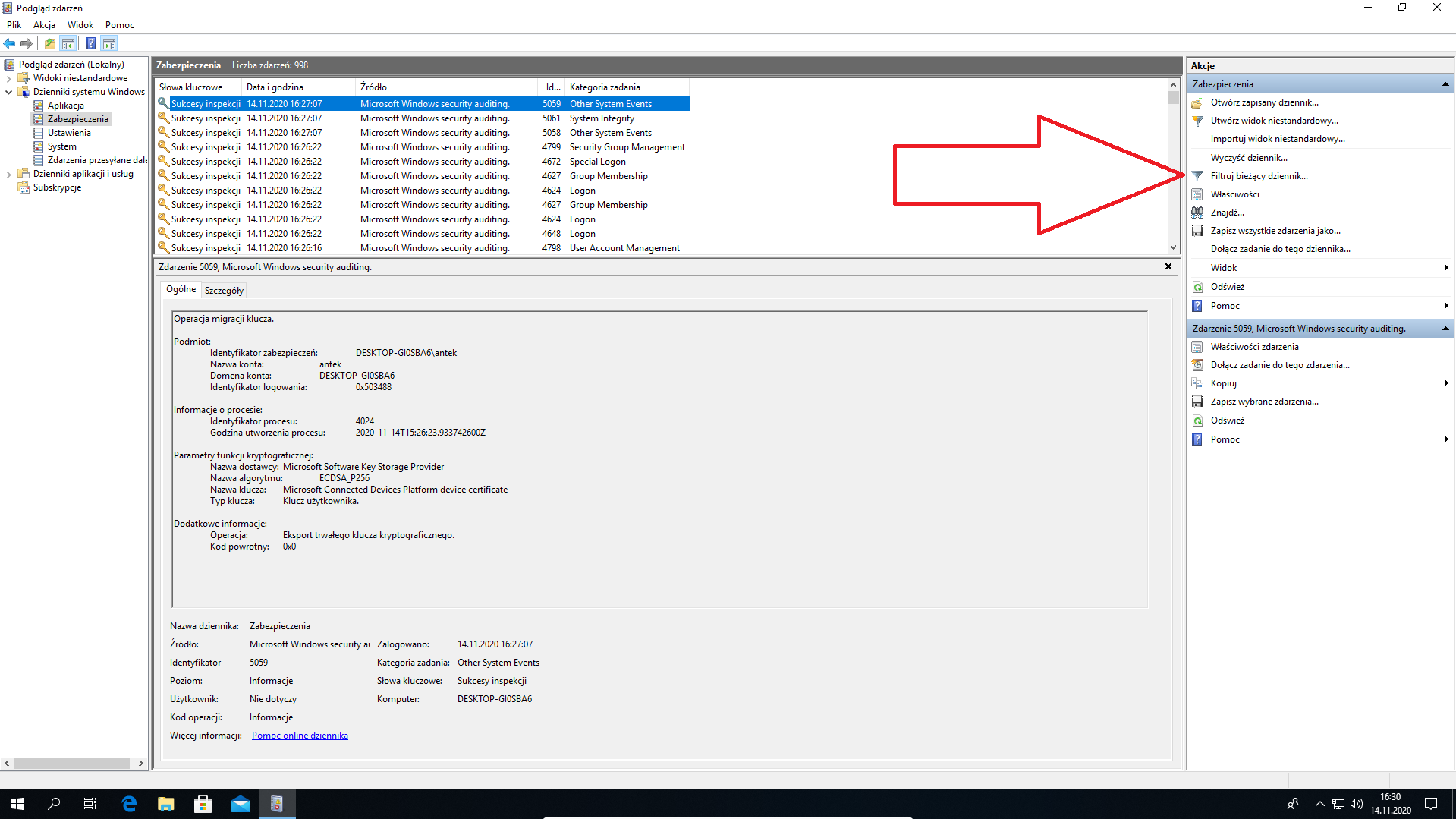 Zrzut ekranu przedstawia aplikacje Podgląd zdarzeń. W menu po lewej stronie rozwinięto: Dziennik systemu Windows. Poniżej zaznaczono pozycję zabezpieczenia. Po prawej stronie znajduje się strzałka wskazująca na: Filtruj bieżący dziennik.