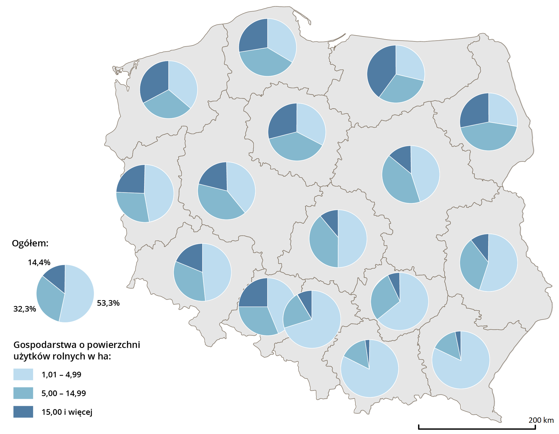 Mapa Polski przedstawia zróżnicowanie gospodarstw indywidualnych. W województwie podkarpackim ponad 75% udziału maja gospodarstwa od 1,01 do 4,99 hektarów powierzchni a najmniej udziału mają gospodarstwa o powierzchni ponad 15 hektarów. Podobnie jest w województwie małopolskim. W województwie śląskim ponad połowę udziału mają gospodarstwa od 1,01 do 4,99 hektarów powierzchni. Podobnie jest w województwie świętokrzyskim, lubelskim oraz łódzkim. W województwie opolskim trochę mniej niż 50% mają udział gospodarstwa od 1,01 do 4,99 hektarów powierzchni. Mniej więcej tak sam udział mają gospodarstwa od 5 do 14,99 i powyżej 15 hektarów. Podobnie jest w województwie lubuskim. W województwie dolnośląskim udział gospodarstw od 1,01 do 4,99 hektarów wynosi około 50%, udział gospodarstw od 5 do 14,99 jest większy od gospodarstw powyżej 15 hektarów. W województwie wielkopolskim po równo jest gospodarstw od 1,01 do 4,99 oraz od 5 do 14,99 hektarów a najmniej gospodarstw powyżej 15 hektarów. Podobnie jest w województwie mazowieckim, kujawsko pomorskim oraz pomorskim. W województwie zachodniopomorskim po równo jest gospodarstw od 1,01 do 4,99 oraz powyżej 15 hektarów a najmniej od 5 do 14,99 hektarów. W województwie warmińsko mazurskim najwięcej jest gospodarstw powyżej 15 hektarów a gospodarstw od 1,01 do 4,99 i od 5 do 14,99 hektarów jest po równo. W województwie podlaskim najwięcej jest gospodarstw od 5 do 14,99 hektarów a gospodarstw od 1,01 do 4,99 oraz powyżej 15 hektarów jest po równo. Ogółem w Polsce udział gospodarstw od 1,01 do 4,99 hektarów wynosi 53,3%, gospodarstw od 5 do 14,99 wynosi 32,3% a gospodarstw powyżej 15 hektarów wynosi 14,4%.