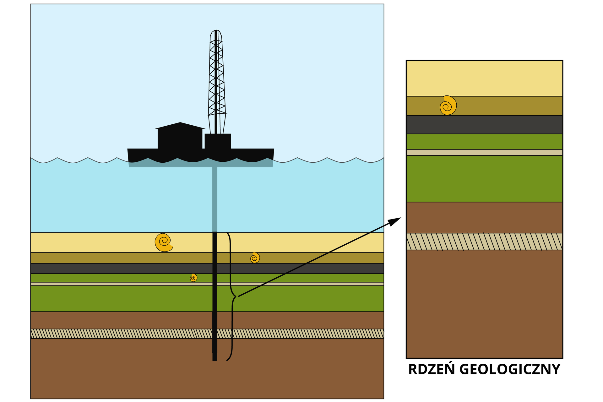 Na ilustracji od dołu znajdują się kolejne warstwy skał, następnie warstwa wody, na której unosi się statek . Statek posiada pionową konstrukcję, której przedłużeniem w dół jest głębokie wiertło, sięgające aż najniższej warstwy skał. Obok ilustracji znajduje się mniejszy obrazek , na którym zaprezentowano wycinek tych samych warstw skał, które są na pierwszym, większym rysunku.. ten mniejszy rysunek podpisano "rdzeń geologiczny"."