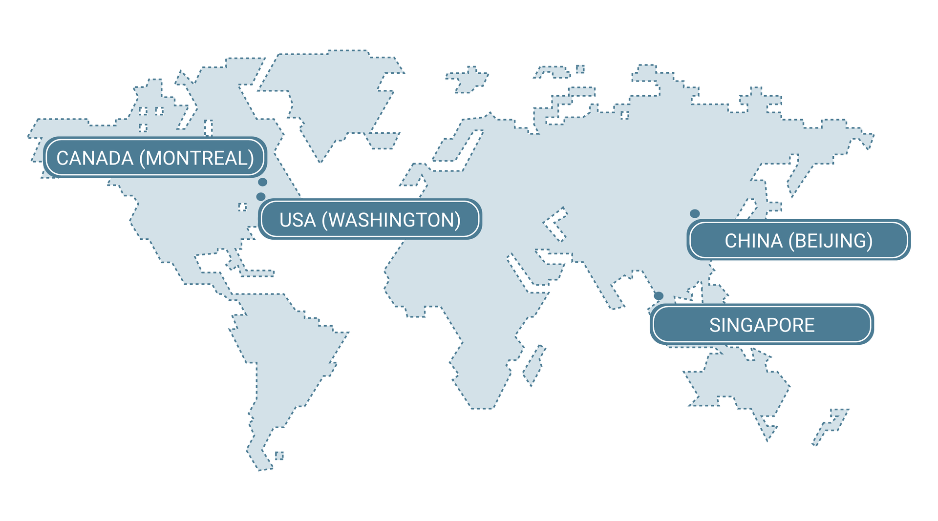 Grafika przedstawia mapę świata, na której zaznaczono następujące miasta: Montreal w Kanadzie, Waszyngton w USA, Pekin w Chinach oraz Singapur.