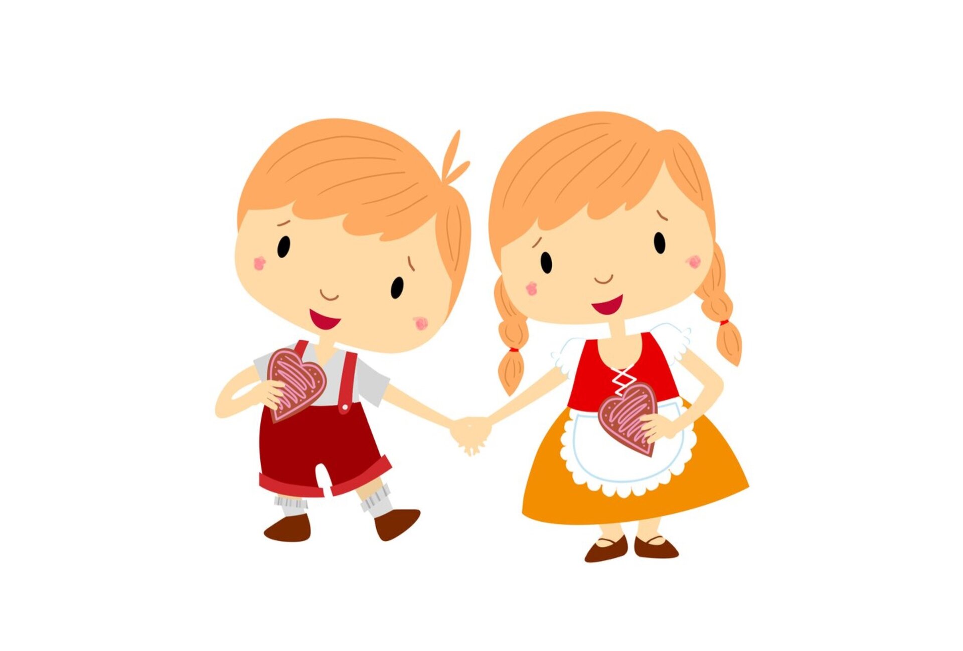 Ilustracja przedstawia chłopca i dziewczynkę trzymających się za ręce. W drugiej ręce mają ciastka w kształcie serca.
