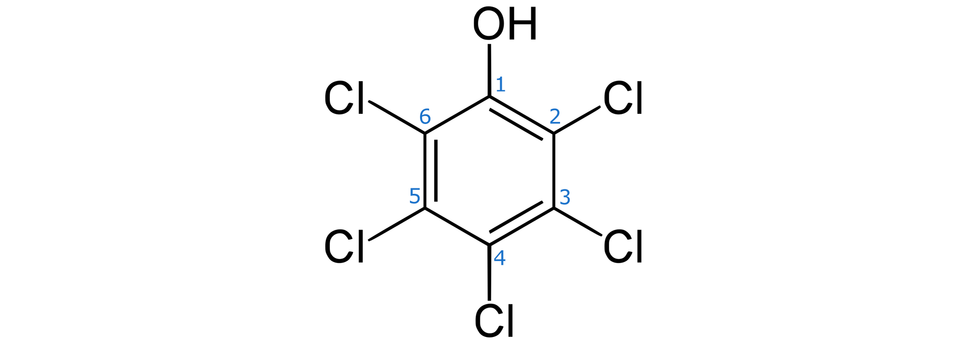 Na ilustracji wzór: sześcioczłonowy pierścień z trzema wiązaniami podwójnymi. Pierwszy atom węgla, na górze pierścienia, łączy się z grupą O H, pozostałe atomy węgla, których jest pięć, z atomami chloru. 