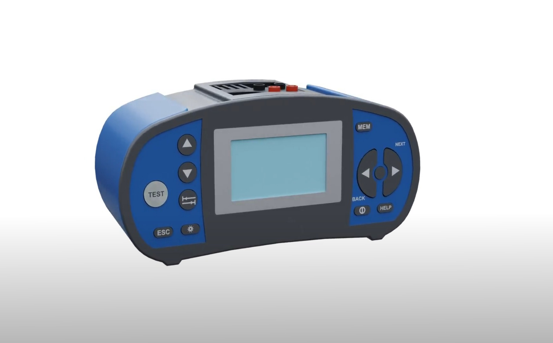 Grafika przedstawia miernik wielofunkcyjny MI3108. Na jednej ze ścian obudowy urządzenia znajdują się przyciski sterujące i ustawiające urządzenie oraz wyświetlacz. 