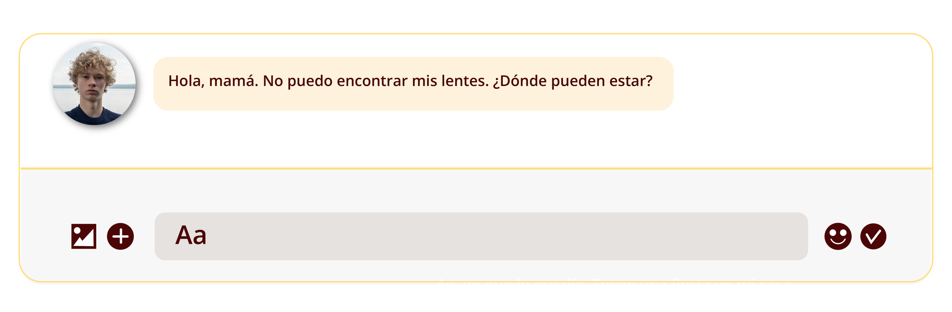 Grafika przedstawia wiadomość na czacie o treści Hola, mamá. No puedo encontrar mis lentes. ¿Dónde pueden estar?. Obok wiadomości, po lewej stronie widoczne jest zdjęcie młodego mężczyzny w blond kręconych włosach.