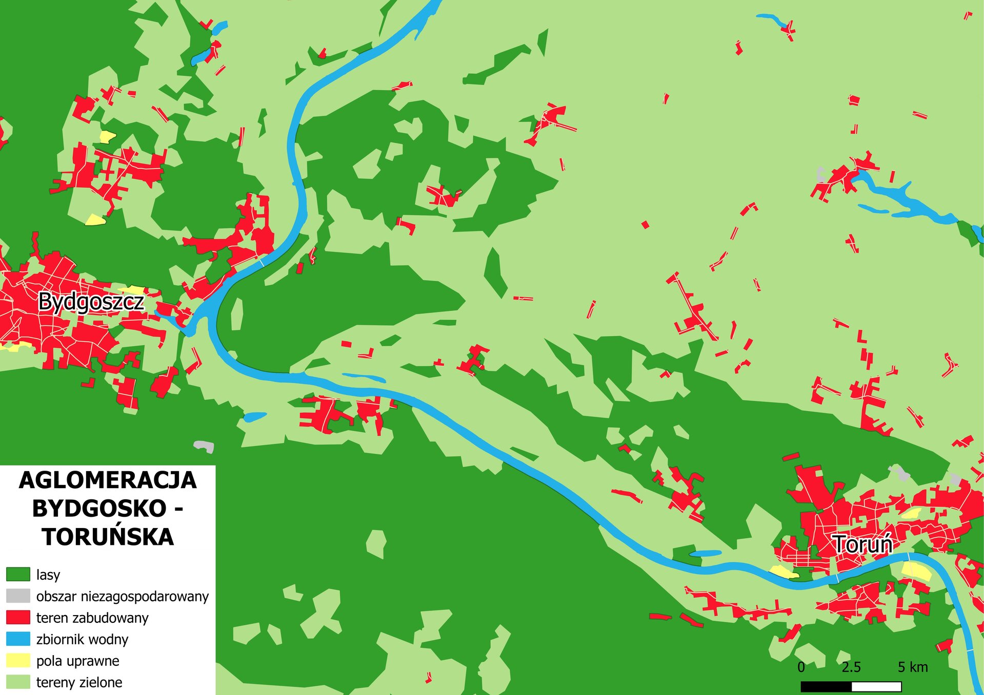 Ilustracja przedstawia aglomerację bydgosko toruńską. Z lewej strony znajduje się Bydgoszcz ze zwartą zabudową a po prawej Toruń również ze zwartą zabudową. Pomiędzy nimi płynie rzeka oraz znajdują się tam lasy i tereny zielone.