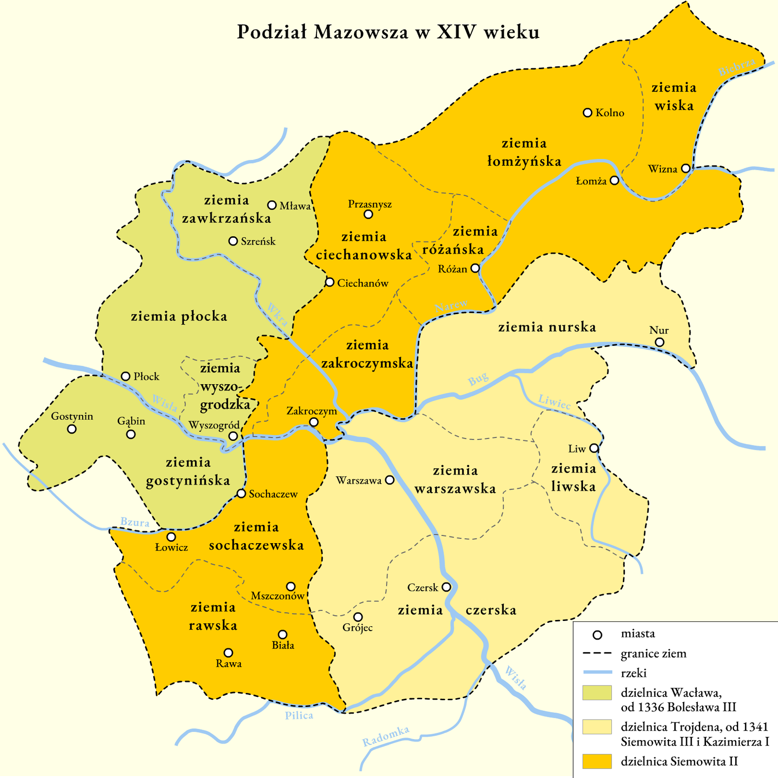 Na mapie: Podział Mazowsza w XIV w. Mapa przedstawia terytorium Mazowsza. Na mapie zaznaczono najważniejsze rzekli przepływające przez tę dzielnicę: Wisłę, Bug, Narew, Wkrę. Na mapę naniesiony został podział Mazowsza w 1. połowie XIV wieku na trzy dzielnice (księstwa) należące do trzech książąt. Wszystkie księstwa obejmowały ziemie położone po obu stronach Wisły. Najdalej na północ leżała dzielnica Wacława (od 1336 r. do Bolesława III). Obejmowała ona ziemie: gostyńską, wyszogrodzką, płocką i zawkrzeńską. Do Do Siemowita II należała środkowa dzielnica, w skład której wchodziły ziemie:  sochaczewska, zakroczymska, ciechanowska, różańska, łomżyńska i wiska. Do Trojdena (a od 1341 r. do Siemowita III i Kazimierza I) należała położona najdalej na południu dzielnica, w skład której wchodziły ziemie: czerska, warszawska, liwska, nurska. 