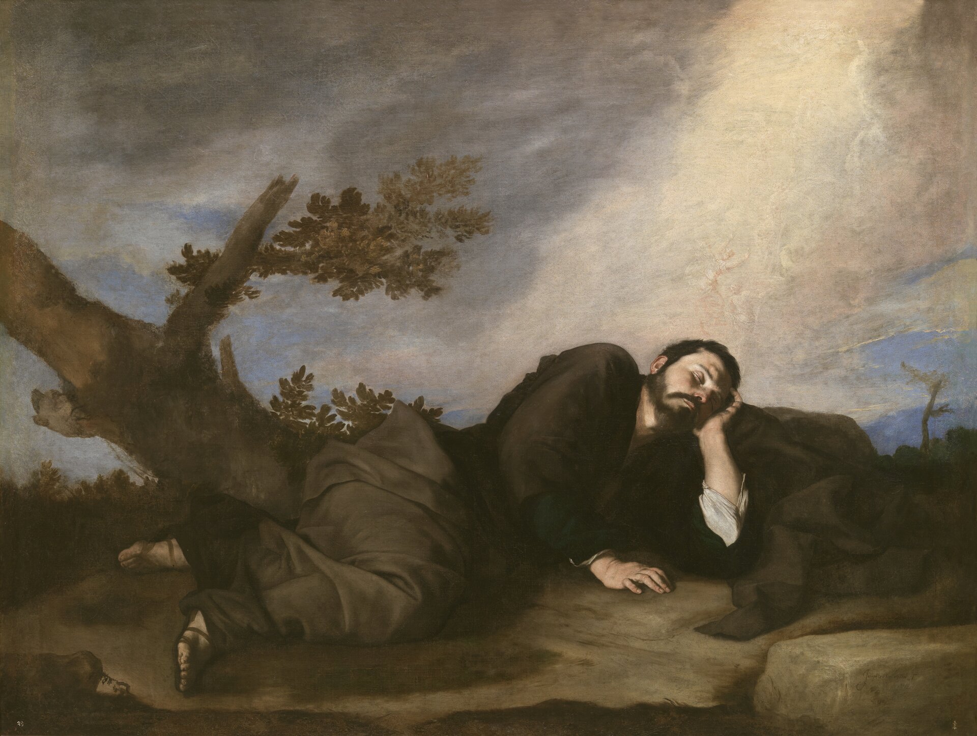 Ilustracja przedstawia obraz Jusepe de Ribera „Sen Jakuba”. Ukazuje śpiącego mężczyznę. Jakub leży na ziemi z głową na kamieniu, wspartą o ramię. Jego szaty kontrastują z zajmującym połowę obrazu zachmurzonym niebem. Z lewej strony, wśród kamienistego pustkowia, z suchego konaru wyrasta kwitnąca gałąź i kieruje się ku niebu.