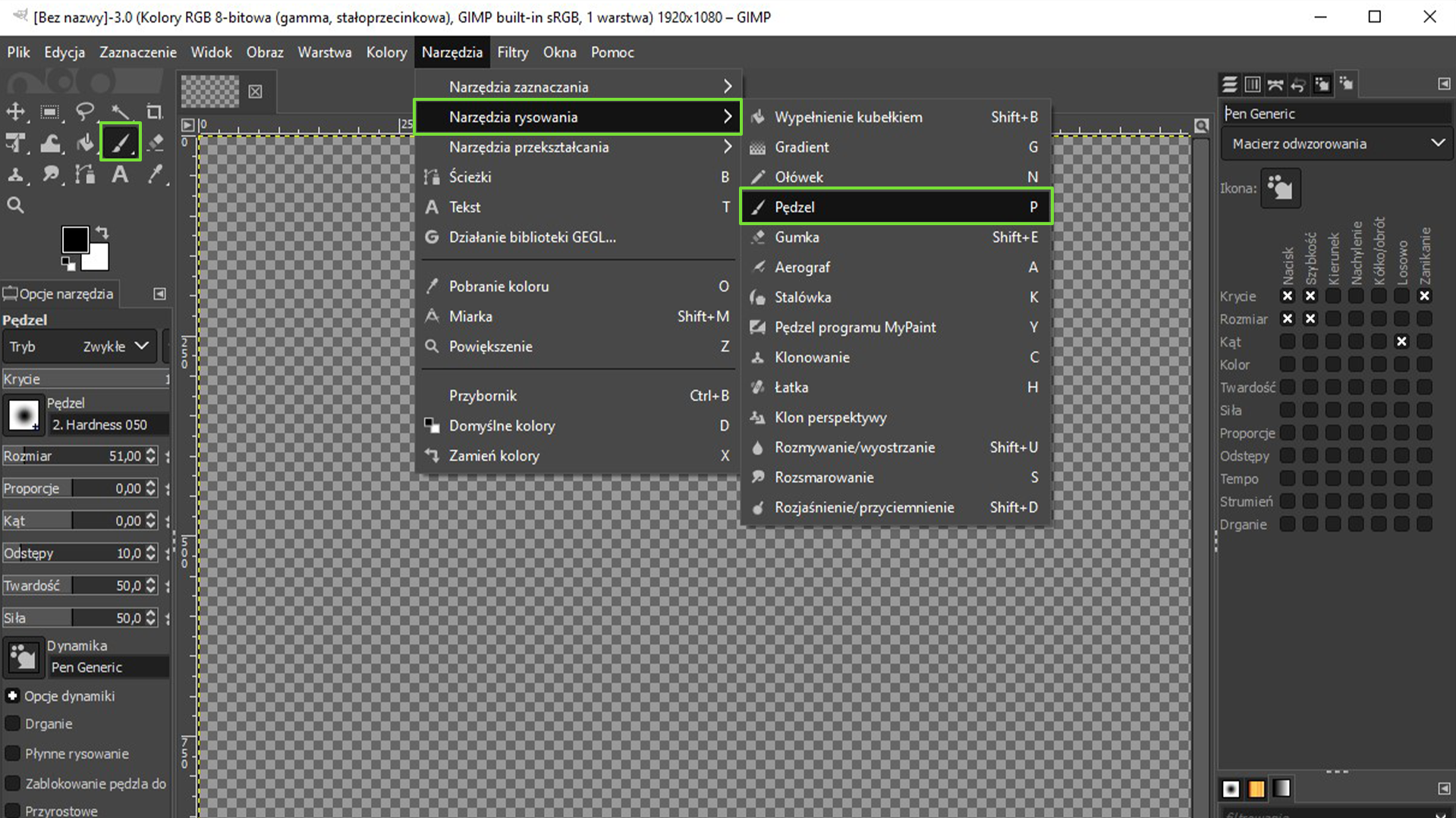 Ilustracja przedstawia widok programu GIMP. Po lewej stronie jest lista ikon. Wybrano pędzel. Na środku widoku z menu wybrano Narzędzia. Po rozwinięciu listy wybrano: narzędzia rysowania, a z kolejnej listy wybrano: Pędzel. Po prawej stronie widoku jest otwarte okno zatytułowane: Pen Generic.  