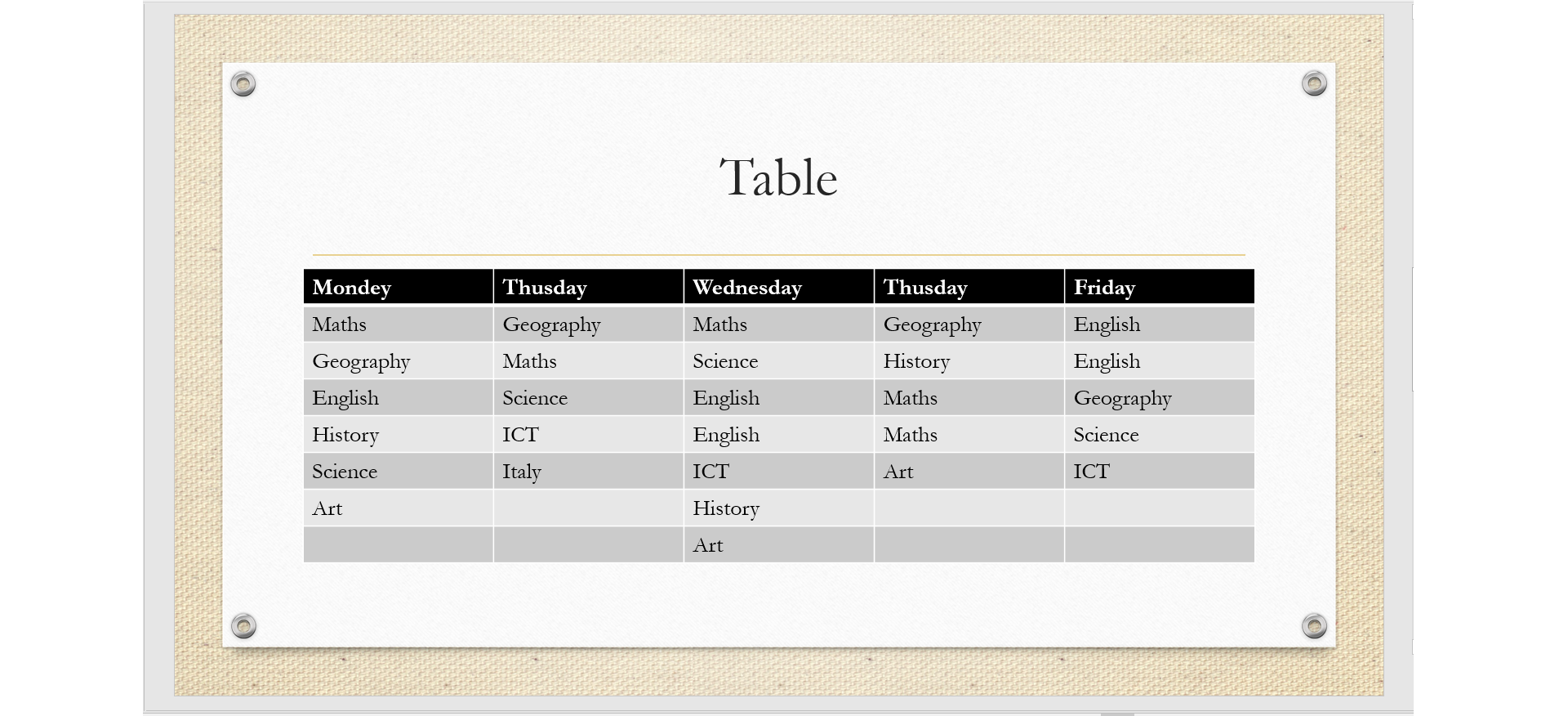 Zrzut z ekranu przedstawia przykładową tabelę pokazaną na slajdzie prezentacji multimedialnej. Tabela pokazuje plan lekcji.