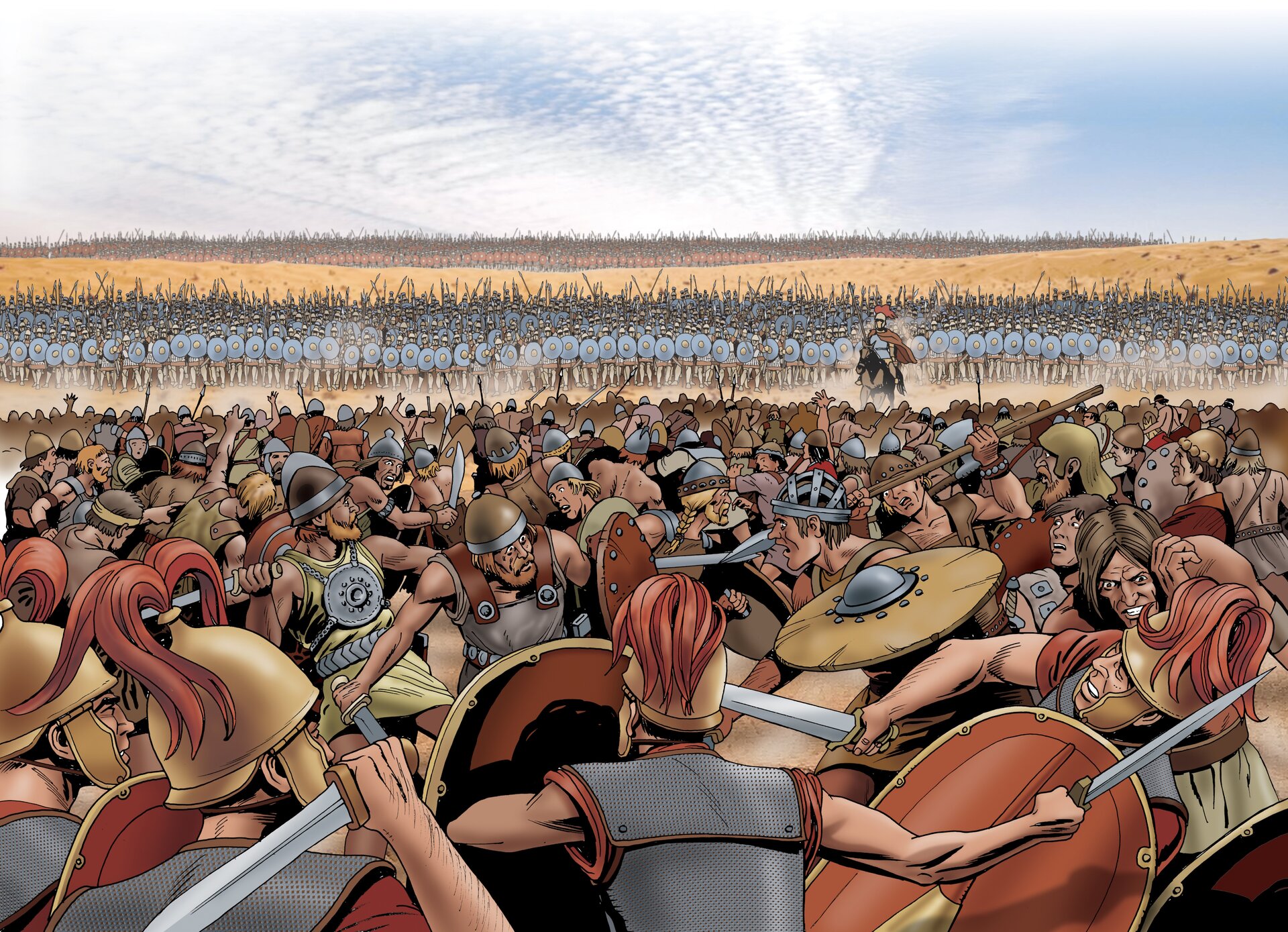 Ilustracja przedstawia starożytną bitwę. Żołnierze walczą w tłumie, są uzbrojeni, mają na sobie zbroje oraz hełmy. W oddali widać kolejne wojsko wraz z dowódcą na czele. Nad nimi rozpościera się błękitne niebo. 
