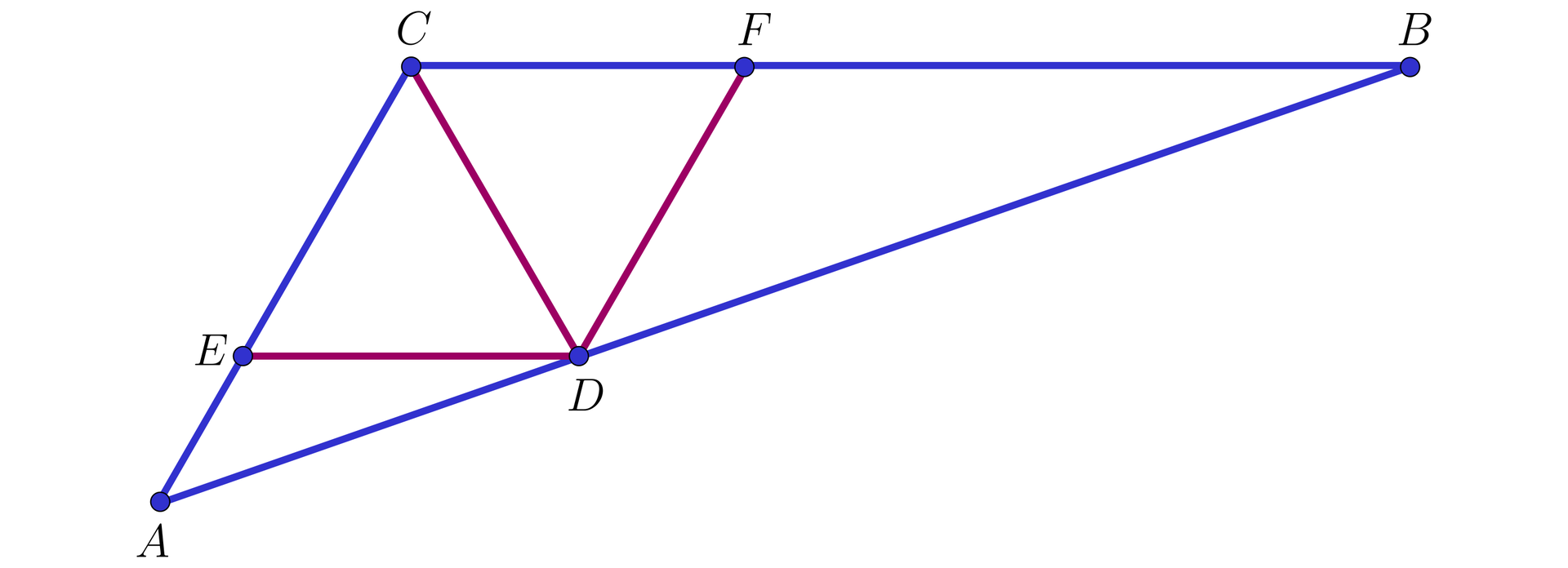 Na ilustracji przedstawiono trójkąt ABC. Zaznaczono punkt E na boku AC, punkt F na boku BC, oraz punkt D na boku AB. Zaznaczono trzy odcinki, łączące punkt D z punktem E, wierzchołkiem C, oraz punktem F.