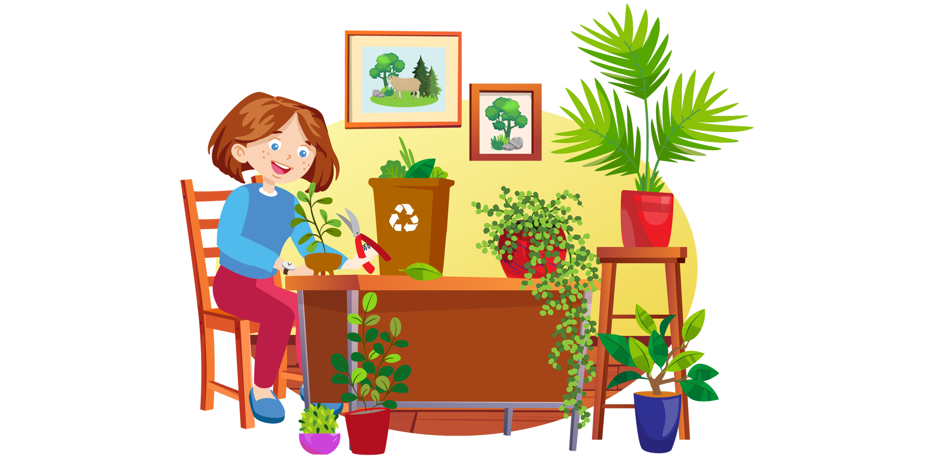Ilustracja przedstawia pomieszczenie w domu Franka i Mai. W tle widać żółtą ścianę, na której wiszą dwa obrazki w brązowych ramkach. Pierwszy z nich przedstawia owcę stojącą na zielonej polanie. W tle widać błękitne niebo, a dookoła rosną pojedyncze drzewa iglaste i liściaste. Po lewej stronie leżą na ziemi dwa szare kamienie. Drugi obrazek przedstawia duże drzewo liściaste, pod którym rośnie pojedyncza kępka wysokie trawy i leżą dwa szare kamienie. Na pierwszym planie, na podłodze, stoi kilka zielonych roślin w kolorowych doniczkach. Jedna z nich jest ustawiona na wysokim, brązowym stołku. W centralnej części ilustracji znajduje się brązowe biurko, na którym widać niewielką zieloną roślinę w brązowej donicy, brązowy pojemnik na bioodpady, zielony liść oraz zieloną roślinę, w czerwonej donicy, o długich łodygach i drobnych listkach. Po lewej stronie biurka stoi brązowe krzesło, na którym siedzi Maja. W lewej dłoni trzyma czerwony sekator do przycinania roślin. Dziewczynka szeroko się uśmiecha i patrzy na roślinę w brązowej donicy.