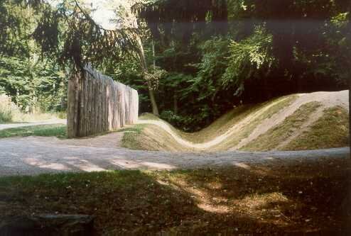 Zdjęcie przedstawia drewnianą palisadę z szerokich bali, za którą znajduje się rów i leki wzgórek.
