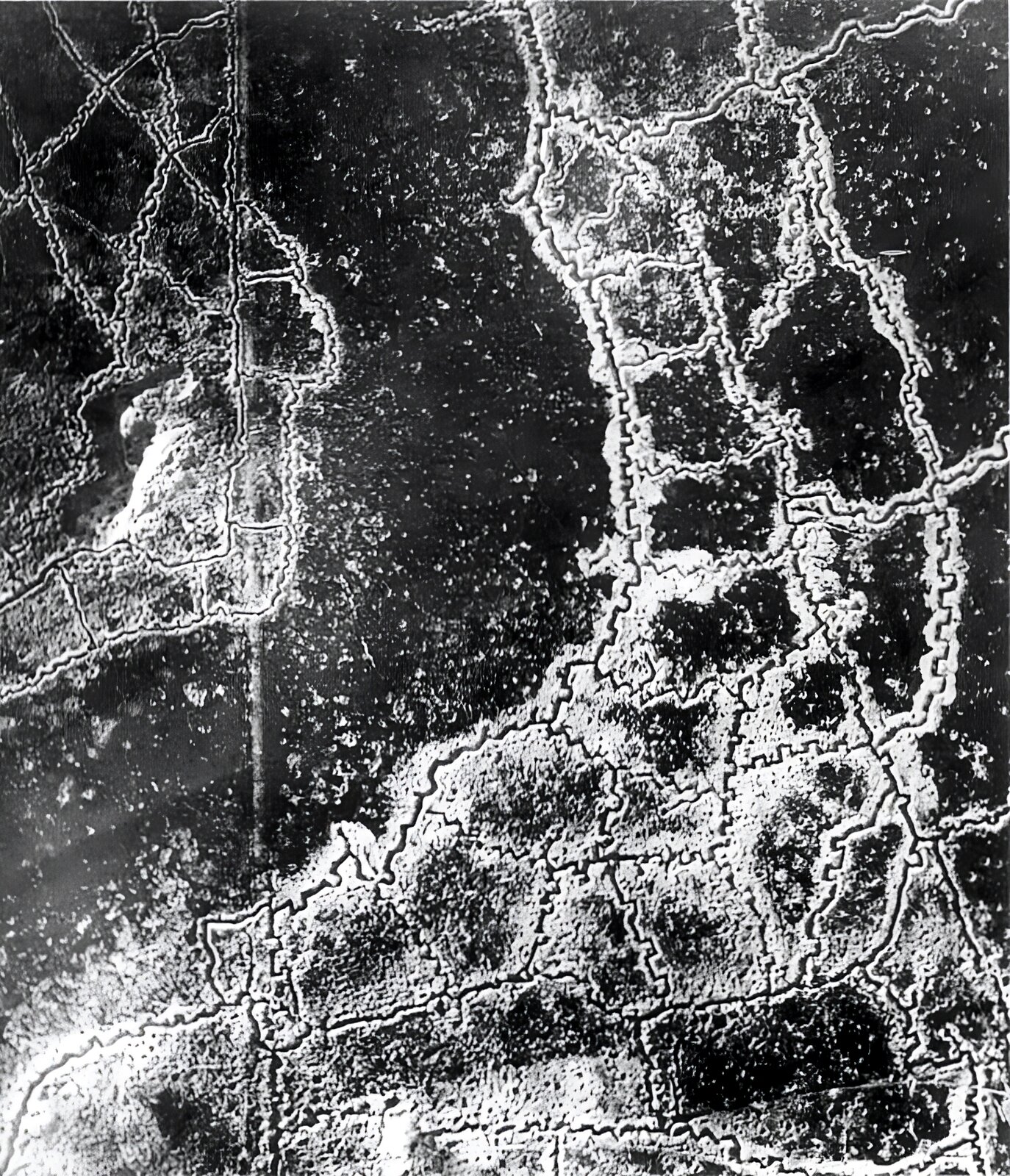 Kliknij, aby powiększyć. Zdjęcie z lotu ptaka pokazujące fragment pola walki z czasów I wojny światowej z gęstą siatką okopów po obydwu jego stronach. Siatki mają nieregularny kształt i składają się na nie w większości czworoboczne fragmenty terenu, sąsiadujące ze sobą, otoczone z każdej strony okopami.