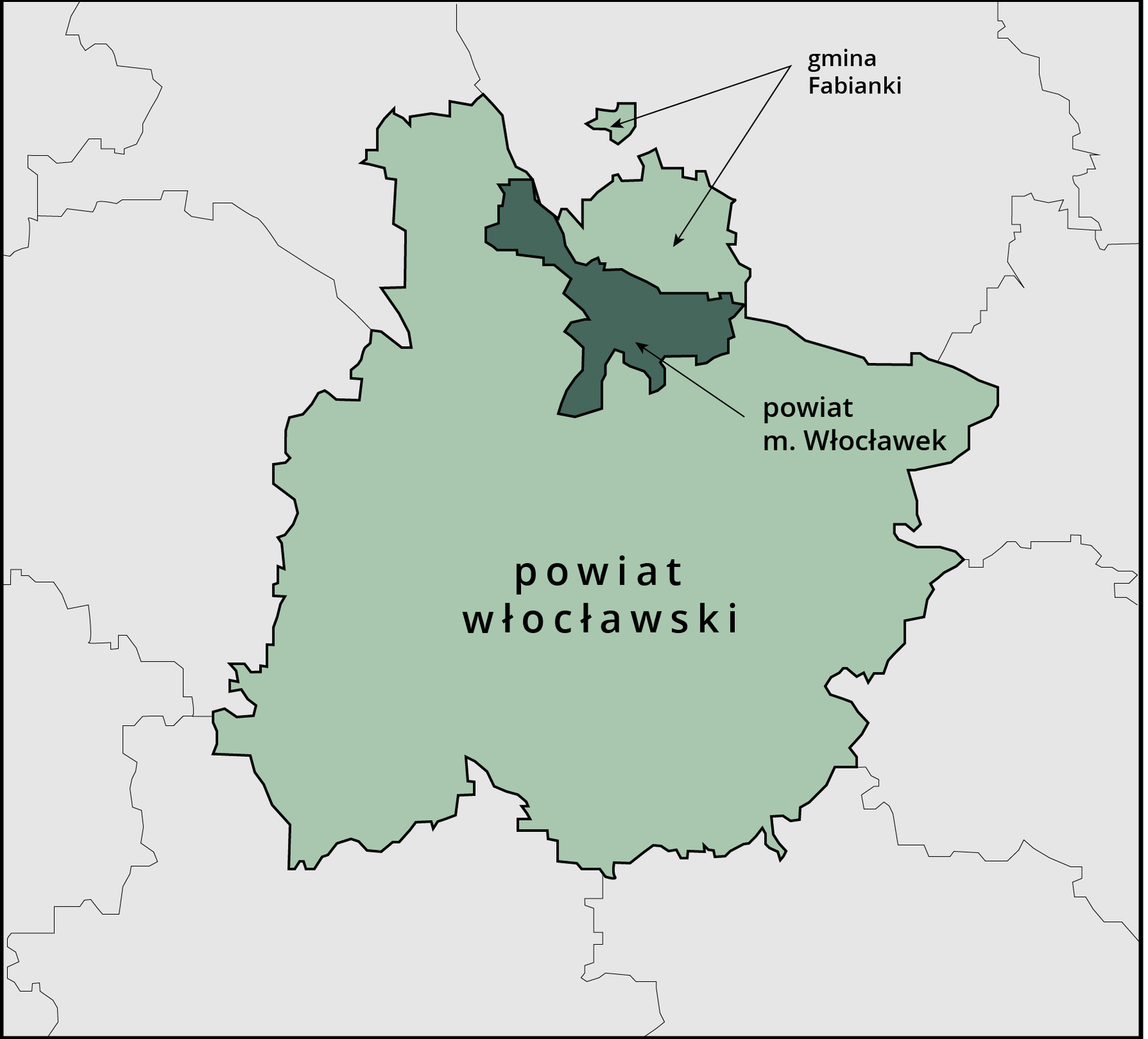 Na fragmencie mapy z powiatem włocławskim zaznaczono w północnej części powiat miasta Włocławek i graniczącą z nim na północy gminę Fabianki. 