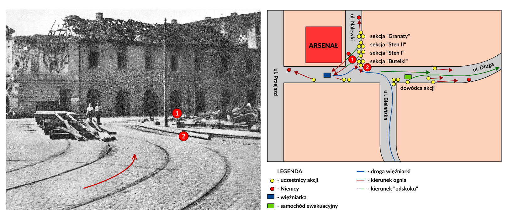 Plansza składa się z ilustracji po lewej stronie i fragmentu planu akcji po prawej stronie. Ilustracja przedstawia zaznaczony czerwoną strzałką skręt ciężarówki z ul. Bielańskiej w ul. Nalewki na fotografii zniszczeń Warszawy z 1945 roku. Zaznaczono w postaci czerwonych kropek z numerami 1 i 2 miejsce grupowania się uczestników akcji przy ul. Nalewki naprzeciwko Arsenału oraz miejsce postrzelenia przez „Zośkę” granatowego policjanta na rogu ul. Długiej i ul. Nalewki. Na zdjęciu w tyle jest zniszczony gmach Arsenału z podziurawionym dachem i wypalonym wnętrzem. Na pierwszym planie jest widoczna wybrukowana ulica z dwoma torami tramwajowymi. Po prawej stronie zdjęcia jest gruzowisko. Metalowe elementy barykady powstańczej są widoczne na jezdni wzdłuż jednego toru tramwajowego. Po prawej stronie planszy znajduje się fragment planu akcji ruchu oporu. Ukazano przebieg ulic: Bielańskiej, Długiej, Nalewki i Przejazd obok gmachu Arsenału. Narysowano drogę więźniarki z „Rudym”, kierunek akcji i odwrotu. Zaznaczono miejsca, jakie zajmowali uczestnicy akcji i Niemcy. Pokazano, gdzie znajdowała się w czasie akcji więźniarka, a gdzie samochód ewakuacyjny. Narysowano miejsce rozstawienia dowódcy akcji na skrzyżowaniu ulicy Bielańskiej z Długą oraz układ rozstawienia poszczególnych sekcji ataku: „Butelki”, Sten I”, Sten II” i „Granaty” naprzeciwko Arsenału przy skrzyżowaniu ulicy Długiej z Nalewkami.