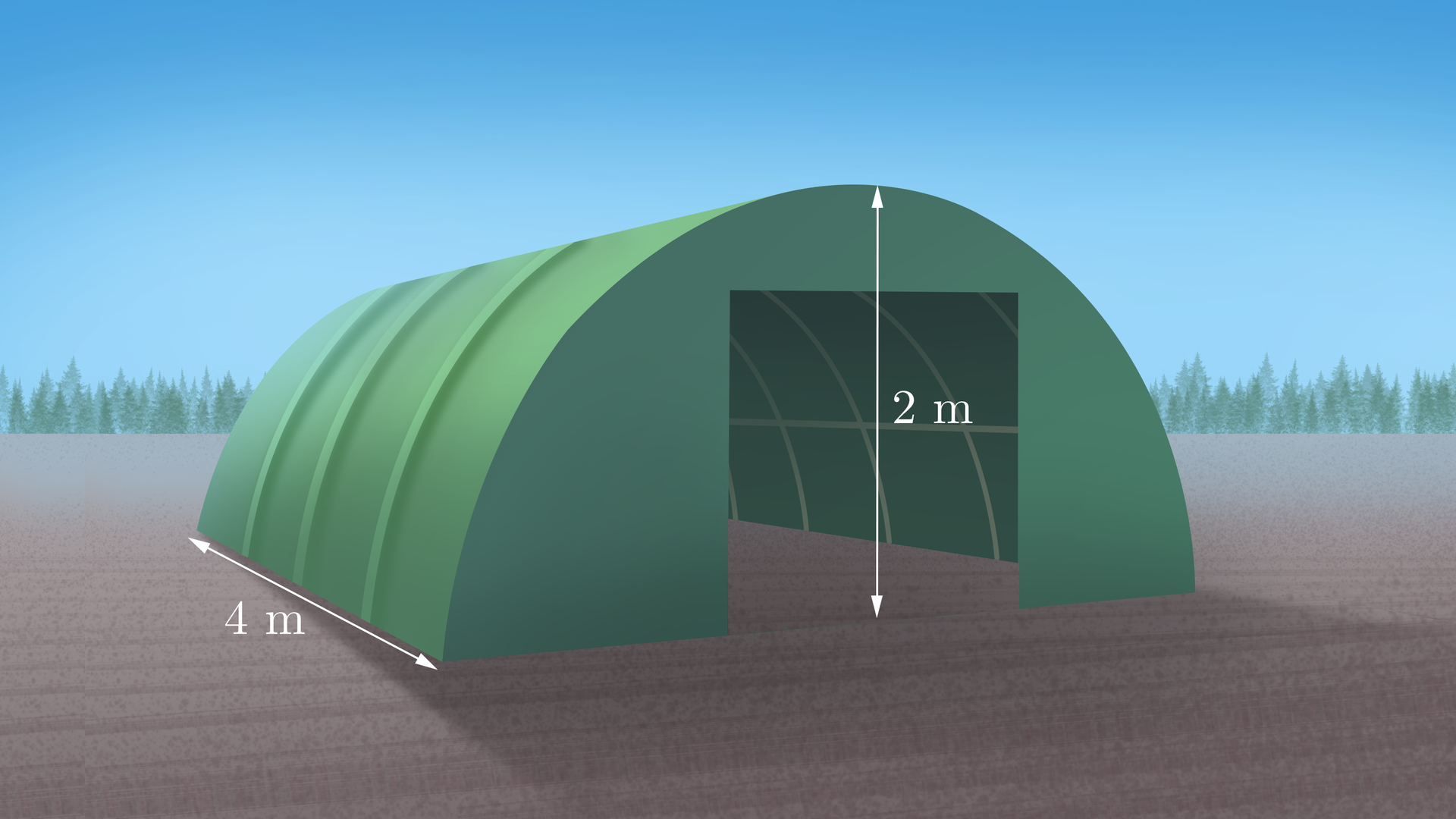 Ilustracja przedstawia zielony namiot polowy w kształcie połowy walca o promieniu o długości dwa metry i szerokości o długości cztery metry. W podstawie połowy walca wycięty został otwór wejściowy w kształcie kwadratu.