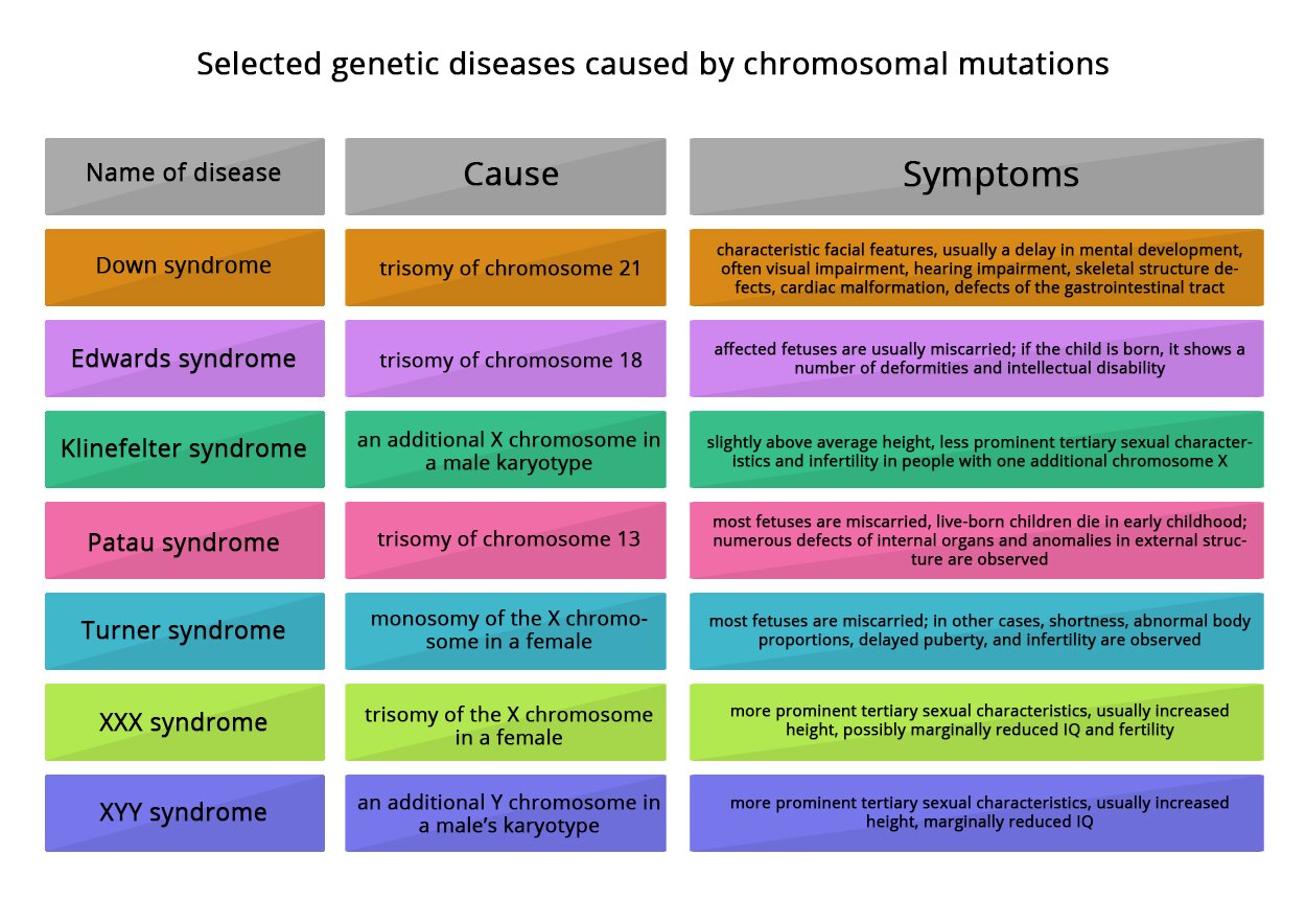 Selected genetic diseases caused by chromosomal mutations