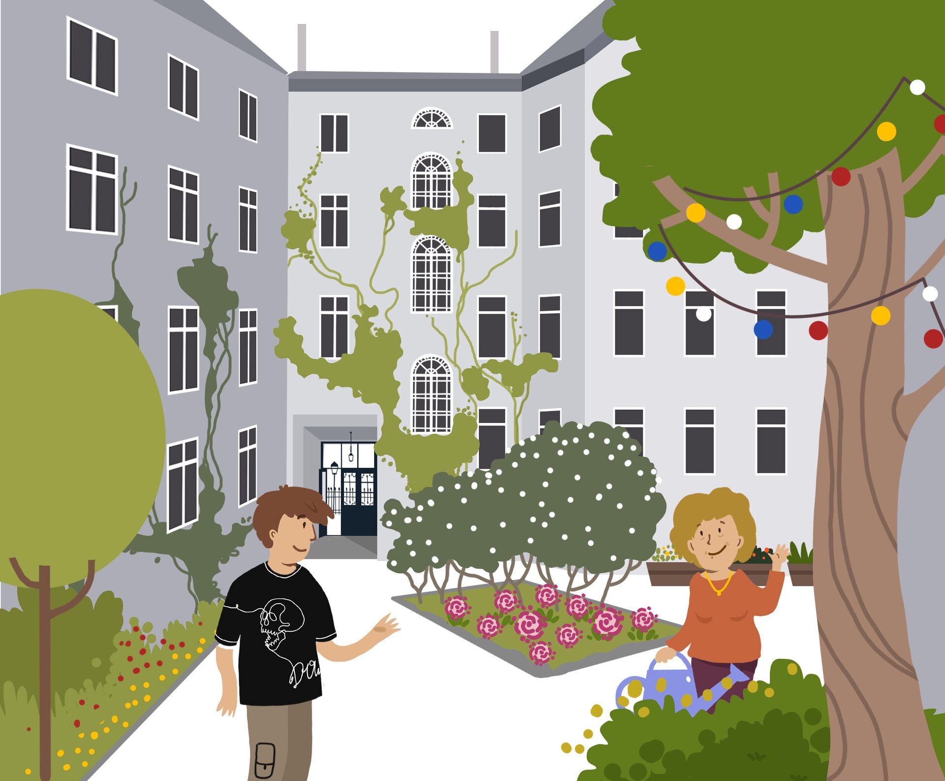 Na ilustracji widoczne jest podwórka pomiędzy kamienicami z pięknie urządzonym klombem pełen kwiatów. Oprócz niego można dostrzec kwitnące rośliny oraz duże drzewo. W tle, na murze jednej z kamienic, pną się zielone rośliny. Dodatkowo, obserwujemy kobietę z konewką i przyglądającego się jej chłopaka. 