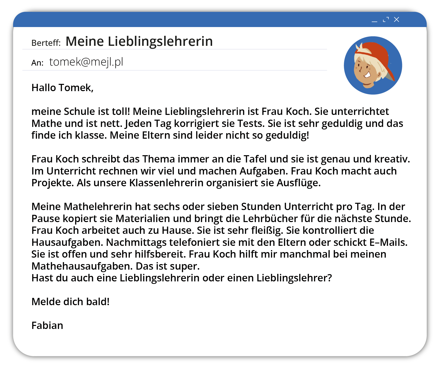 Ilustracja przedstawia interfejs poczty elektronicznej, gdzie widoczne jest okno z treścią wiadomości. Tekst dostępny w transkrypcji poniżej.