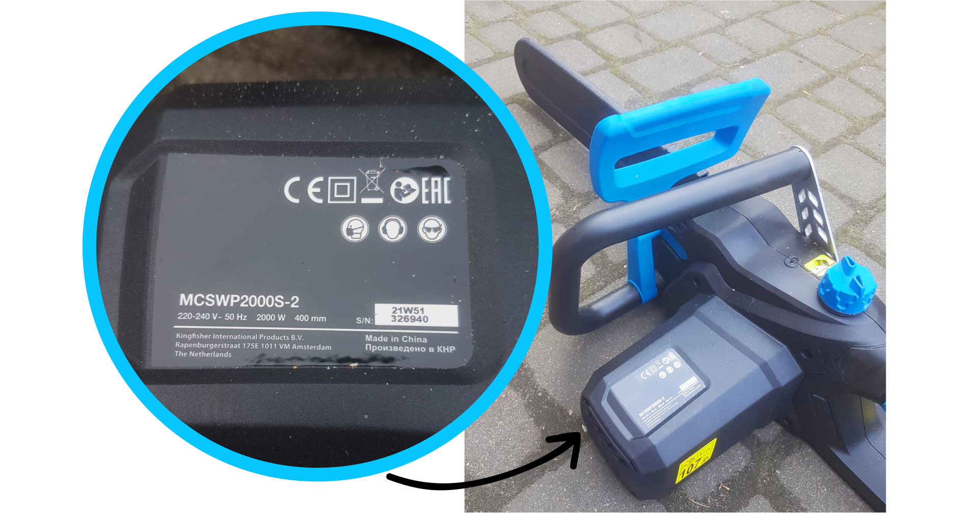 Zdjęcie przedstawia tabliczkę znamionową na obudowie elektrycznej piły łańcuchowej. Widać oznaczenia: 220 myślnik 240 V tylda 50 Hz oraz 2000 W.