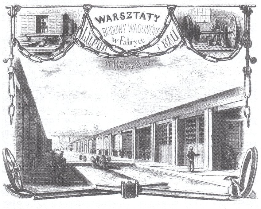 Ilustracja przedstawia podłużny budynek. Znajdują się w nim wagony kolejowe. Na górze ilustracji znajduje się wagon oraz koła wagonu. Znajdują się przy nich robotnicy. Na ilustracji znajduje się napis: Warsztaty Budowy Wagonów w Fabryce Lilpop i Rau w Warszawie. Jest od udekorowany łańcuchami.