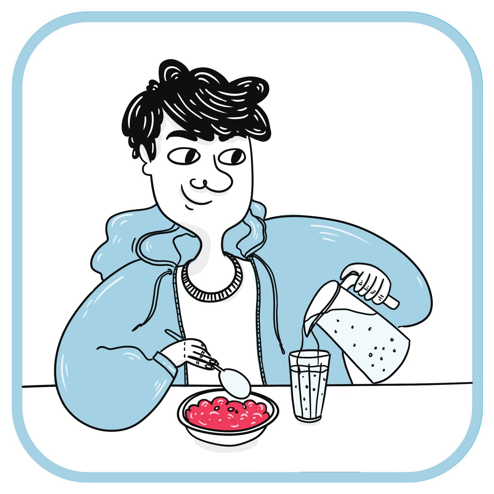 Uśmiechnięty chłopiec w niebieskiej bluzie siedzi przy stole.  Przed nim stoi talerz z jedzeniem. Chłopiec wlewa wodę z dzbanka do szklanki.