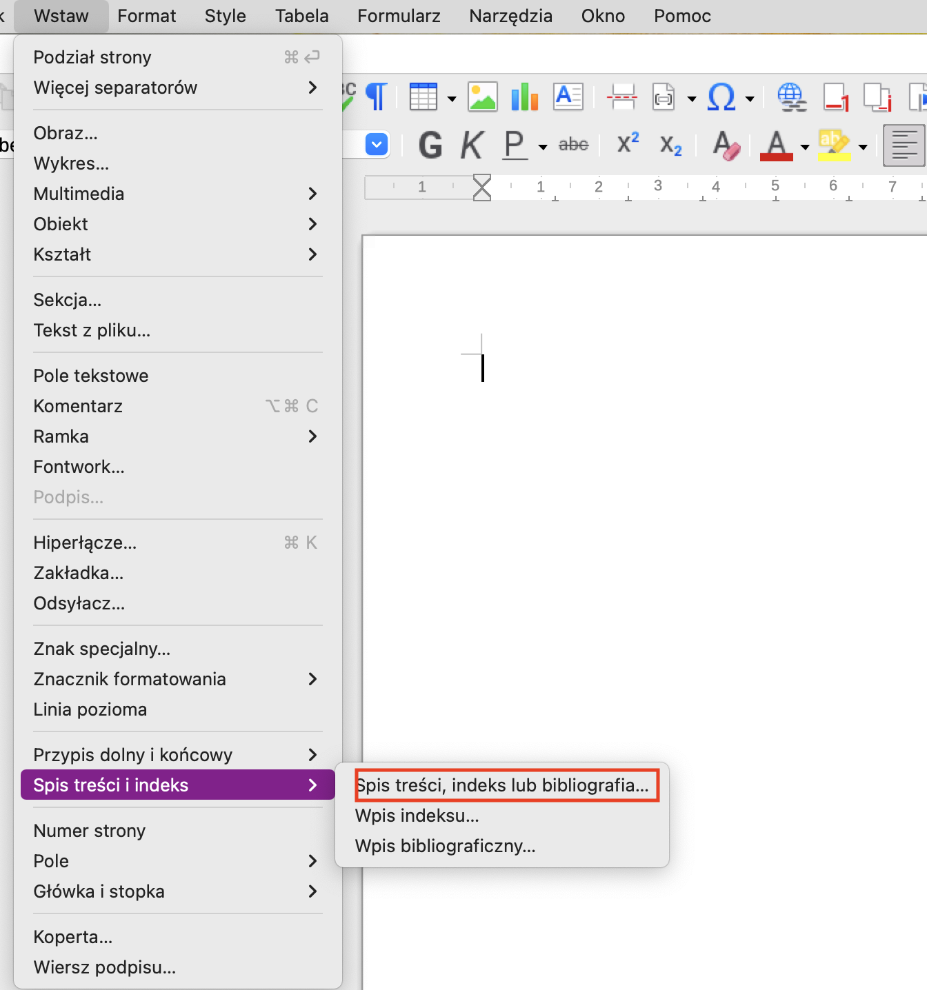 Ilustracja przedstawia okno programu LibreOffice. Z menu rozwijanego "Wstaw" została zaznaczona opcja Spis treści i indeks, w której czerwoną ramką oznaczono Spis treści, indeks lub bibliografia...