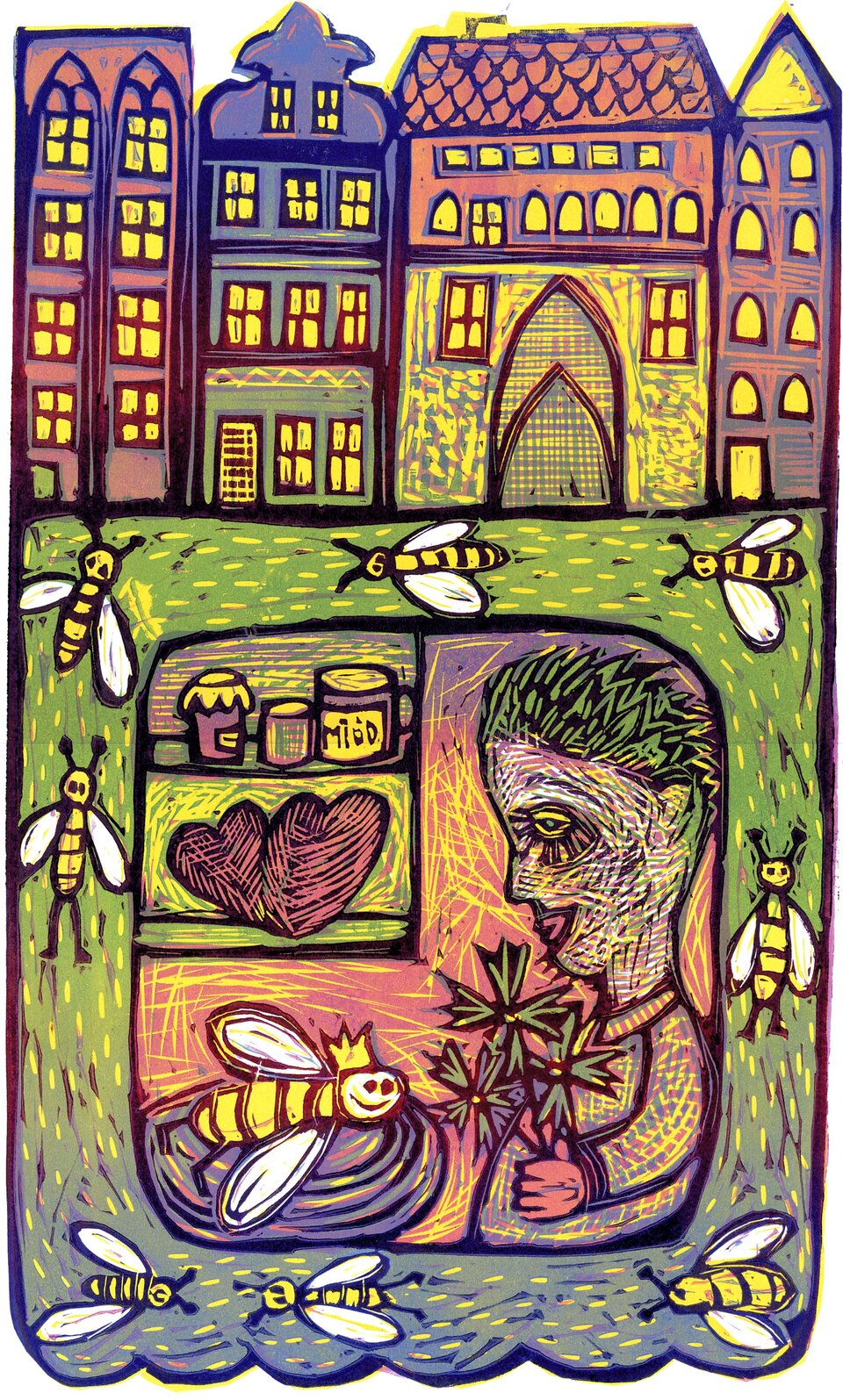 Ilustracja przedstawia pracę Joanny Frydrychowicz‑Janiak „O Bogumile i Królowej Pszczół”. Jest to barwny linoryt, ukazujący w górnej części toruńskie kamienice. U dołu, na kwadratowym tle ukazany jest chłopiec z kwiatami, skierowany w stronę królowej pszczół z koroną. Wewnątrz znajduje się fragment półki z miodem w słoikach i toruńskimi piernikami. Dookoła sceny, na zielonym tle latają pszczoły.