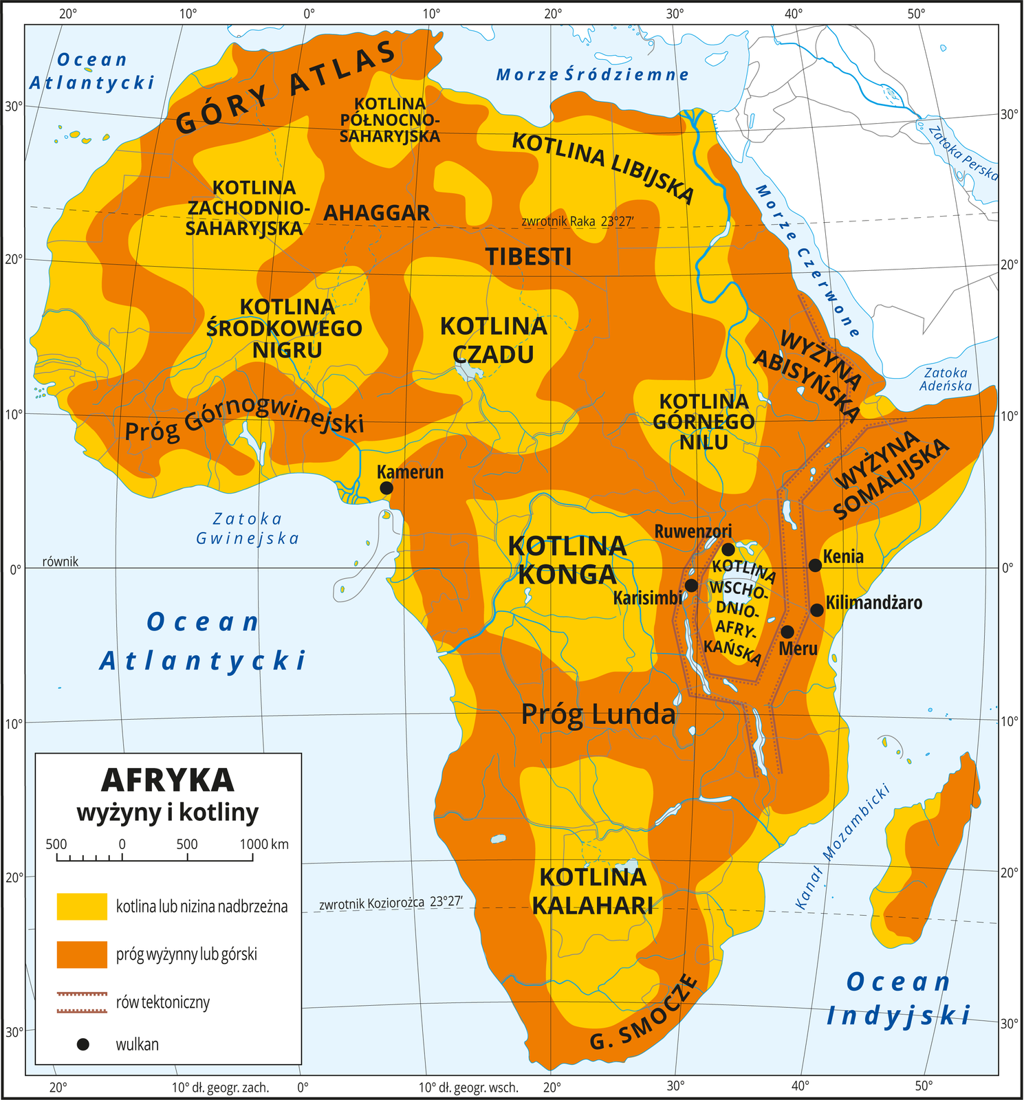 Ilustracja przedstawia mapę Afryki. Dookoła mapy w białej ramce opisano południki i równoleżniki co dziesięć stopni. W legendzie umieszczono i opisano kolory i znaki użyte na mapie. Kolorem ciemnopomarańczowym oznaczono progi wyżynne i górskie, a kolorem jasnopomarańczowym – kotliny i niziny. Niziny są położone na wschodnich i zachodnich wybrzeżach, a kotliny są rozmieszczone na terenie całego kontynentu i otoczone przez przylegające do nich tereny wyżynne lub górskie. Wszystkie formy są opisane. We wschodniej części Afryki jest rów tektoniczny zaznaczony na mapie linią, a w jego obrębie jest pięć wulkanów, między innymi Kilimandżaro. Kotliny lub niziny nadbrzeżne Afryki zaczynając od północy: Kotlina Północno‑Saharyjska, Kotlina Zachodnio‑Saharyjska, Kotlina Libijska, Kotlina Środkowego Nigru, Kotlina Czadu, Kotlina Górnego Nilu, Kotlina Konga, Kotlina Kalahari. Progi wyżynne lub górskie od północy to: Góry Atlas, Ahaggar, Tibesti, Wyżyna Abisyńska, Próg Gornogwinejski, Wyżyna Somalijska, Próg Ludna, Góry Smocze.