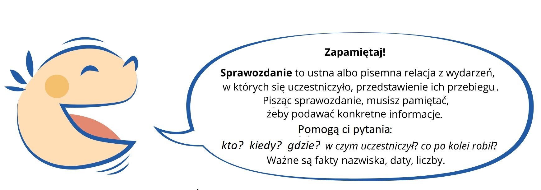 Ilustracja przedstawiająca zabawną główkę. Ma przymknięte oczy i szeroko otwarte usta, przy których znajduje się dymek z następującym tekstem: Zapamiętaj! Sprawozdanie to ustna albo pisemna relacja z wydarzeń, w których się uczestniczyło, przedstawienie ich przebiegu. Pisząc sprawozdanie, musisz pamiętać, żeby podawać konkretne informacje - odpowiedzi na pytania: kto?, kiedy?, gdzie?, w czym uczestniczył? co po kolei robił? Ważne są fakty, nazwiska, daty, liczby. Wypowiadaj się w 1. os. lp. lub lm.