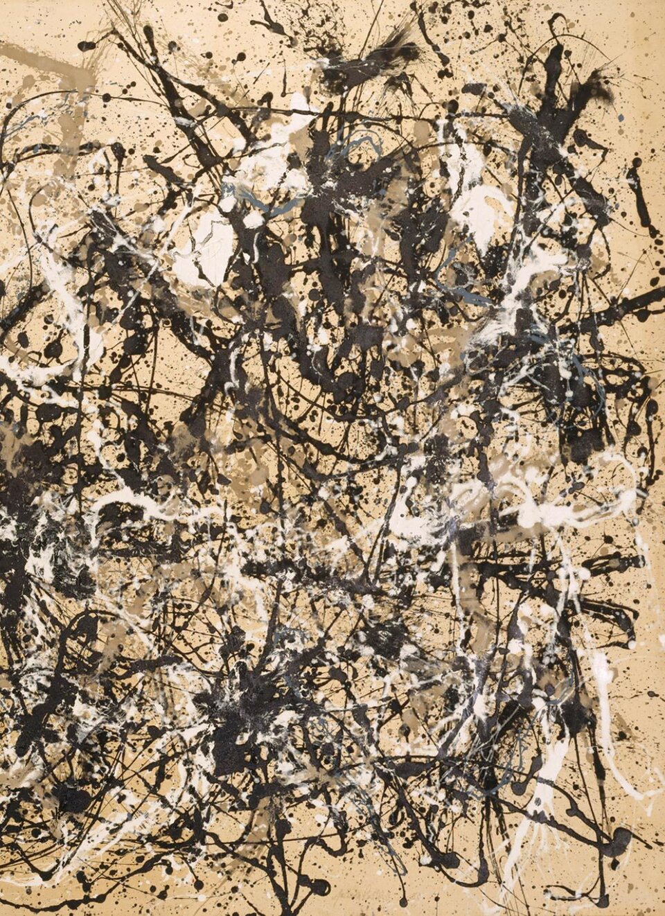 Ilustracja przedstawia detal obrazu Jacksona Pollocka "Rytm jesieni (numer 30)". Obraz wykonany jest w stylu abstrakcyjnym. Składa się z plątaniny wielu nieregularnych linii różnej grubości, nachodzących na siebie. Obraz jest dynamiczny, bardzo dużo się na nim dzieje, a linie są w kolorze czarnym, białym i brązowym na jasnobrązowym tle. 