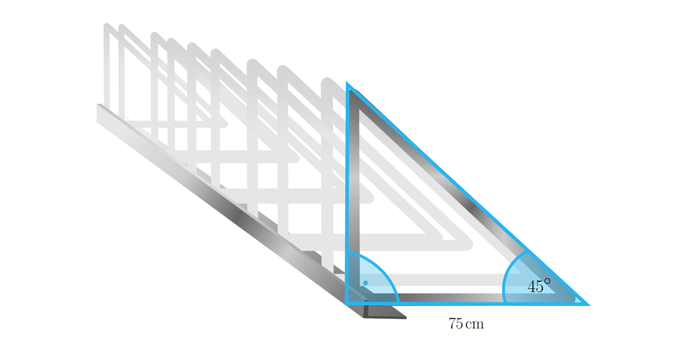 Ilustracja przedstawia stojak rowerowy. Składa się on z długiej metalowej listwy leżącej na ziemi, do której zamocowane są w określonych odległościach pionowo ustawione metalowe trójkąty prostokątne o jednakowej wielkości. Trójkąty zamocowane są do listwy wierzchołkiem znajdującym się przy kącie prostym. Na rysunku naniesiono trójkąt prostokątny o poziomej przyprostokątnej o długości 75 centymetrów i o kącie o mierze 45 stopni znajdującym się między podstawą a przeciwprostokątną.