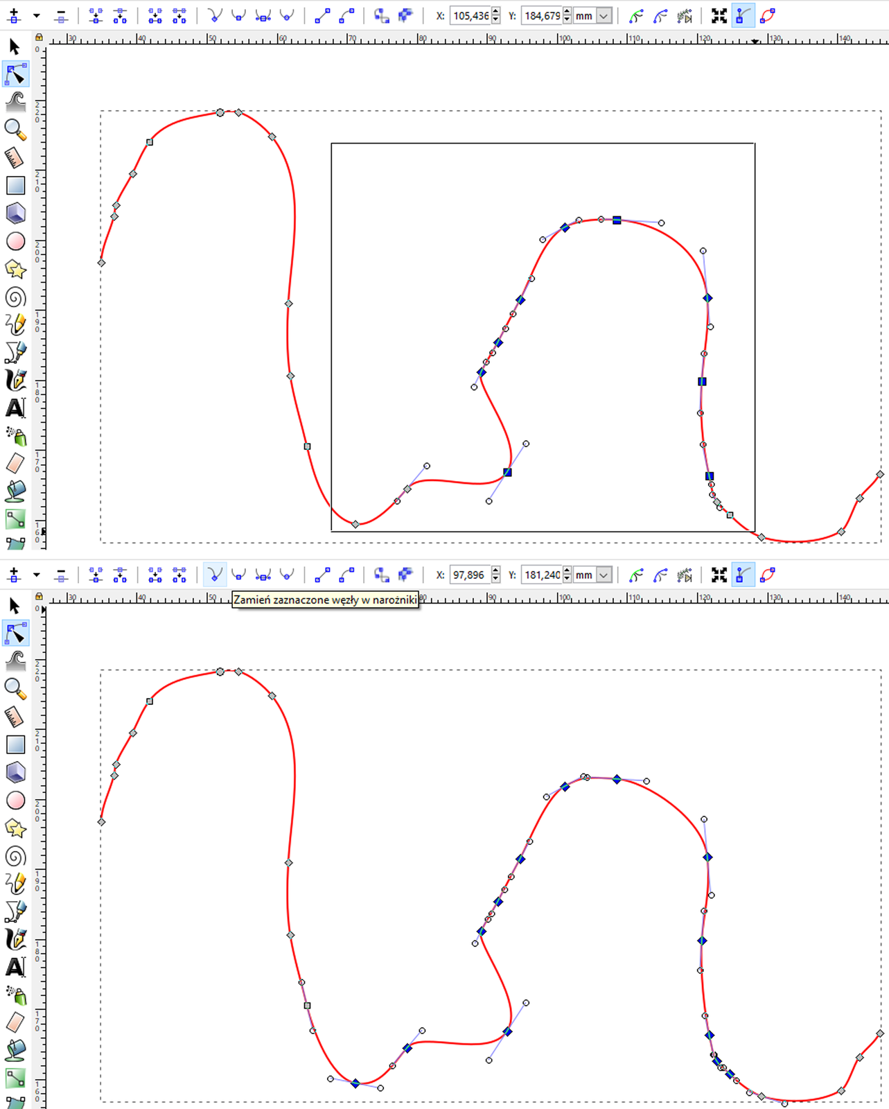 Ilustracja przedstawia dwie grafiki, na każdej z nich znajduje się krzywa w kolorze czerwonym, na której zaznaczone są węzły. Na pierwszej grafice zaznaczone zostały węzły, zaznaczenie ma kształt kwadratu. Na drugiej grafice pokazane zostały węzły, które zostały zaznaczone. Zaznaczone węzły mają kolor niebieski i z każdego z nich odchodzą po dwa uchwyty.