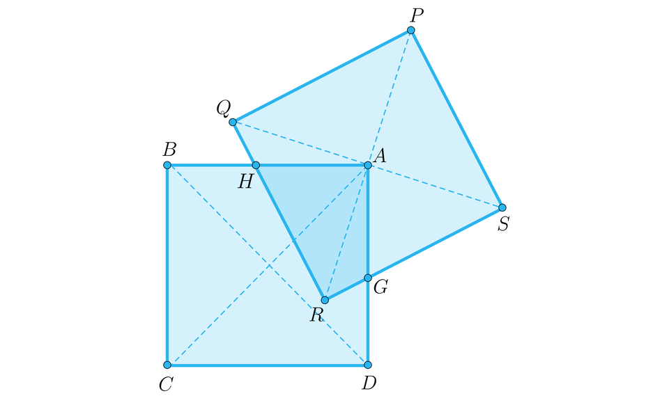 Na ilustracji przedstawiono kwadrat A B C D, oraz kwadrat P S R Q. Liniami przerywanymi zaznaczone przekątne obu kwadratów. Wierzchołek A kwadratu stanowi miejsce przecięcia przekątnych drugiego kwadratu. 