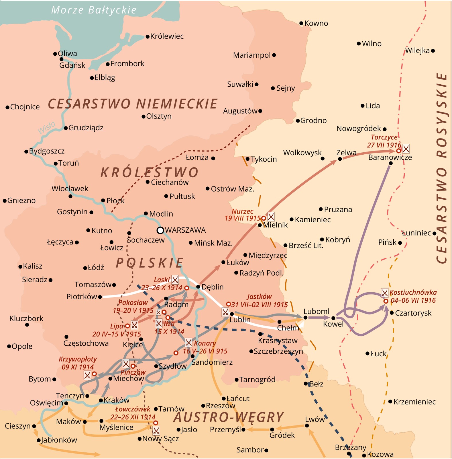 Mapa przedstawia ruchy wojsk na terenie Królestwa Polskiego, Austro‑Węgier oraz Cesarstwa Rosyjskiego. Oznaczone są następujące bitwy: Krzywopłoty 9.11.1914, Lipa 20.04–15.05.1915, Pakosław 19–20.05.1915, Laski 23–26.10.1914, Iłża 15.10.1914, Pińczów, Łowczówek 22–26.12.1914, Jastków 31.07–02.08.1915, Nurzec 19.08.1915, Torczyce 27.07.1916 oraz Kostiuchnówka 04–06.07.1916.