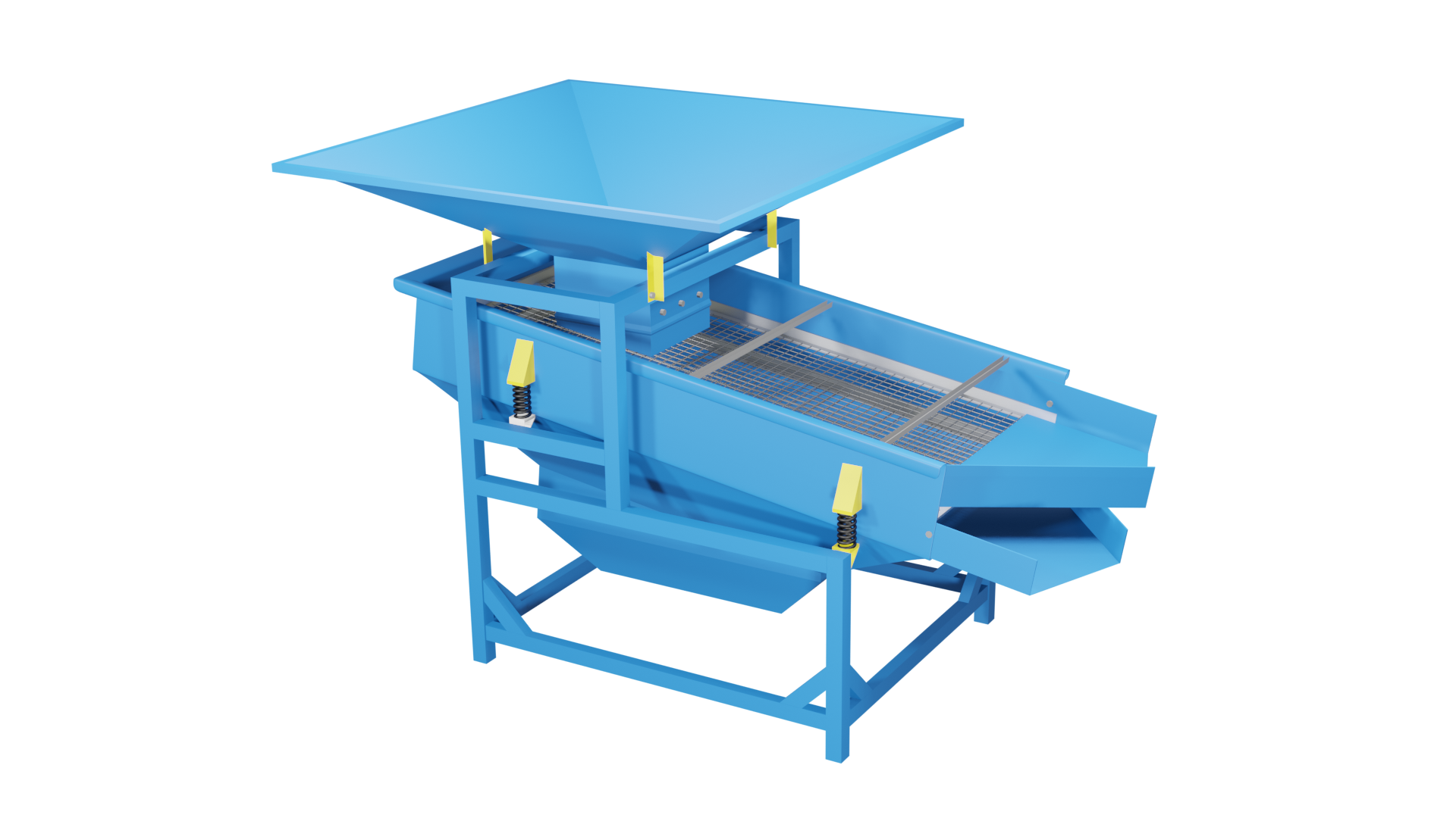 Ilustracja przedstawia model przykładowego przesiewacza wibracyjnego. Jest on wsparty na prostopadłościennej ramie. Zasadniczą część korpusu urządzenia stanowi skrzynia wibracyjna o kształcie prostopadłościennym z usuniętą ścianą górną. Skrzynia pochylona jest względem płaszczyzny poziomej pod pewnym kątem. Równolegle do dolnej ściany skrzyni rozmieszczone są w niej pomiędzy ścianami bocznymi sita. Zawierają liczne szczeliny o ściśle określonych wymiarach i kształcie. Jak wspomniano sita zamocowane są pod pewnym kątem do poziomu, co ułatwia przemieszczanie się po nich klasyfikowanego materiału. Z tyłu skrzyni wibracyjnej zamontowany jest silnik wibracyjny, wprawiający ją w drgania. Drgania skrzyni stabilizowane są przez zamontowane w czterech miejscach na równoległych ścianach bocznych sprężyny amortyzujące. Są one przytwierdzone do bocznych ścian i osadzone w ramie. Mają za zadanie zapobiegać przekazywaniu drgań skrzyni wibracyjnej na fundament, na którym znajduje się przesiewacz. Dodatkowo obecność sprężyn zmniejsza ilość energii koniecznej do wprawienia skrzyni w wibracje. Powyżej części skrzyni wibracyjnej, w której zamontowany jest silnik. znajduje się otwór w kształcie odwróconego, ściętego ostrosłupa. Jest nim doprowadzana nadawa. Po przeciwnej stronie skrzyni wibracyjnej znajdują się zsypy. To elementy konstrukcyjne przesiewacza służące do odbioru poszczególnych klas ziarnowych po procesie klasyfikacji. Pierwszy z nich znajduje się w płaszczyźnie wyznaczonej przez sita i ograniczony jest zwężającymi się ścianami bocznymi. Nim odprowadzane są ziarna grube. Poniżej w płaszczyźnie dolnej ściany skrzyni rozmieszony jest zsyp odpowiadający za odprowadzenie ziaren drobniejszych, które zostały odsiane w wyniku procesu. 