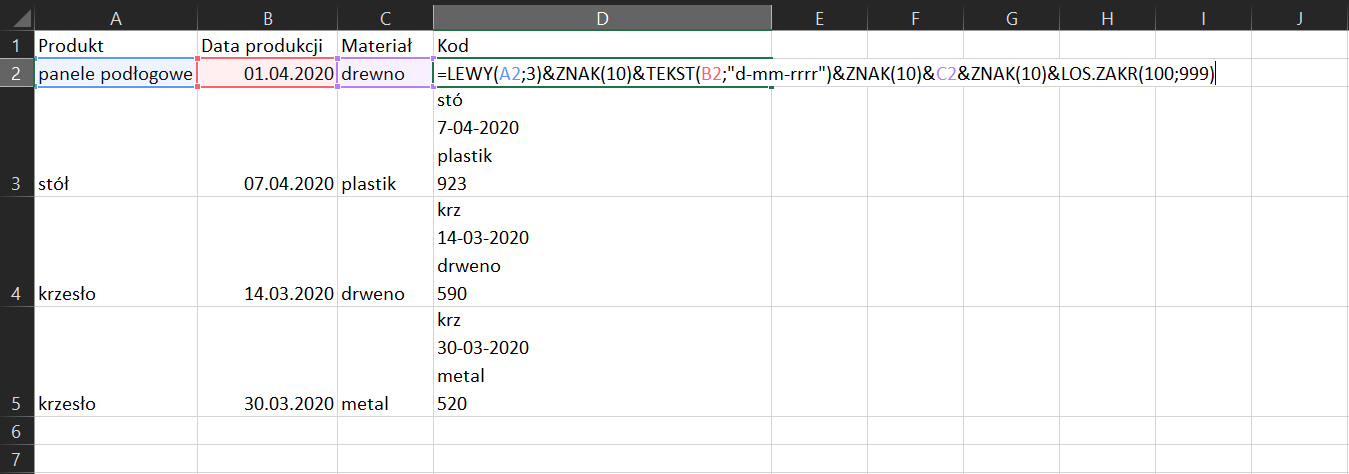 Na zrzucie ekranu widoczny jest fragment arkusza Excel. W kolumnie A, w komórce A1 wpisano tytuł PRODUKT. W komórkach od A2 do A5 wprowadzono rodzaje produktów. W kolumnie B, w komórce B1 wpisano tytuł DATA PRODUKCJI. W komórkach od B2 do B5 wprowadzono daty produkcji. W kolumnie C, w komórce C1 wpisano tytuł MATERIAŁ. W komórkach od C2 do C5 wpisano rodzaje materiałów użytych do produkcji. W kolumnie D, w komórce D1 wpisano tytuł KOD. W komórkach od D3 do D5 wprowadzono dane wyliczone na podstawie formuły zamieszczonej w komórce D2: =LEWY(A2;3)&amp;ZNAK(10)&amp;TEKST(B2;”d-mm-rrrr”)&amp;ZNAK(10)&amp;C2&amp;ZNAK(10)&amp;LOS.ZAKR(100;999)
