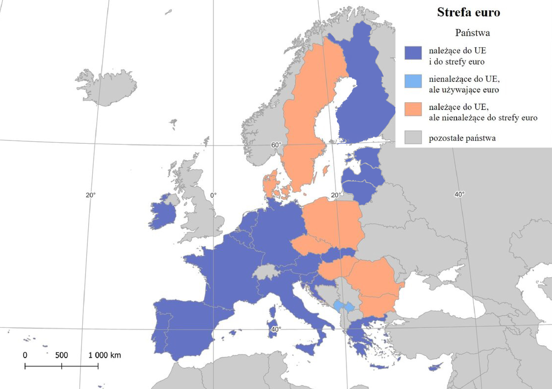 Mapa polityczna Europy przestawiająca strefę euro. W prawym górnym rogu legenda z objaśnieniem użytych barw. Kolorem niebieskim oznaczono państwa należące do Unii Europejskiej i do strefy euro. Kolorem błękitnym oznaczono państwa nienależące do Unii Europejskiej, ale używające euro. Kolorem pomarańczowym oznaczono państwa należące do Unii Europejskiej, ale nieużywające euro. Szarym kolorem oznaczono pozostałe państwa. Państwa nienależące do Unii Europejskiej, ale używające euro: Andora, Monako, San Marino, Watykan, Czarnogóra, Kosowo. Państwa należące do Unii Europejskiej, ale nieużywające euro: Szwecja, Dania, Polska, Czechy, Węgry, Chorwacja, Rumunia, Bułgaria. Pozostałe państwa Unii Europejskiej oznaczono na niebiesko, ich walutą jest euro.