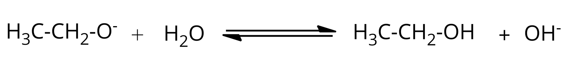 Ilustracja przedstawiająca równanie reakcji anionu etanolanowego z wodą. Anion etanolanowy CH3CH2O- dodać cząsteczka wody H2O. Strzałki równowagowe, za strzałkami cząsteczka etanolu dodać anion hydroksylowy OH-.