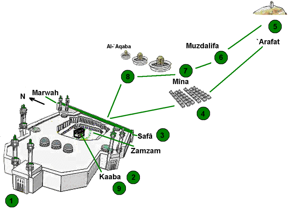 Rysunek przedstawia schemat meczetu z zaznaczonymi jego fragmentami. W legendzie wymienione są następujące punkty: 1 - wejście do Wielkiego Meczetu, 2 - okrążenie Al‑Kaby, 3 - pokonanie siedmiokrotnie podróży między dwoma wzgórzami zwanymi Safa i Marwa, 4 - spędzenie nocy w Minie, 5 - pobyt na wzgórzu Arafat, gdzie według tradycji prorok Mahomet wygłosił swoją ostatnią mowę podczas pielgrzymki, którą odbył pod koniec życia, 6 - wyruszenie po zachodzie słońca do Muzdalify i spędzenie tam nocy, 7 - powrót do Miny i rzucanie siedmioma kamieniami w filar, co symbolizuje kamienowanie szatana, 8 - przybycie do Al‑Aqaby, złożenie ofiary ze zwierzęcia, ogolenie głowy (mężczyźni) lub podcięcie końcówek włosów przez kobiety, 9 - powrót do Al‑Kaby.