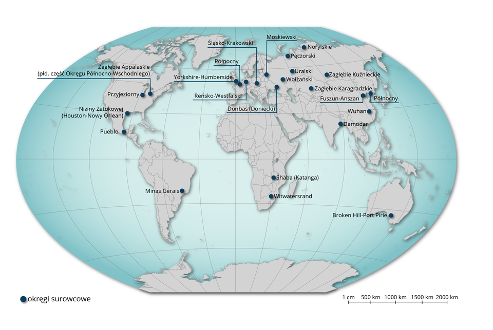 Na mapie świata za grę zaznaczono okręgi surowcowe. Należą do nich: w Ameryce Północnej - Zagłębie Appalaskie – południowa część okręgu Północno‑Wschodniego, Okręg Przyjeziorny, Niziny Zatokowej  Huston-Nowy Orlean, Pueblo, w Ameryce Południowej Minas Gerais. W Europie i Azji: Okręg Yorshire-Humberside, Okręg Północny, Reńsko‑Westfalski, Okręg Śląsko‑Krakowski, Okręg Moskiewski, Okręg Donbas (Doniecki), Pęczorski, Norylskie, Wołżański, Zagłębie Kuźnieckie, Zagłębie Karagandzkie, Fuszun‑Anszan, Wuhan, Damodar, Okręg Północny. W Afryce Okręg Shaba (Katanga), Okręg Witwatersrand. W Australii Okręg Broken Hill-Port Pirie.  