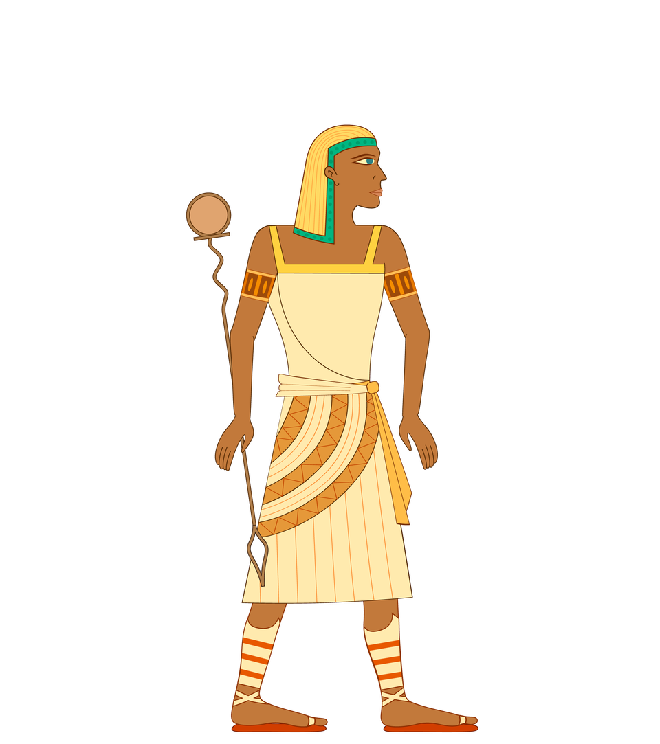 Ilustracja przedstawia sylwetkę kapłana ukazaną z profilu. Na głowie ma beżową chustę, ciało okryte jest tuniką do kolan, a na nogach sandały. W prawej dłoni trzyma włócznię z owalnym zakończeniem i nieregularnym, skośnym drzewcem.