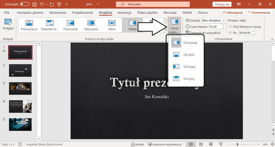 Ilustracja przedstawia otwarty program PowerPoint, w którym otwarta jest prezentacja. U góry na pasku zadań została wybrana opcja Przejścia. Następnie została wybrana opcja Opcje Efektu, po której kliknięciu pojawiły się cztery Opcje: Od prawej, od dołu, od lewej, od góry. 