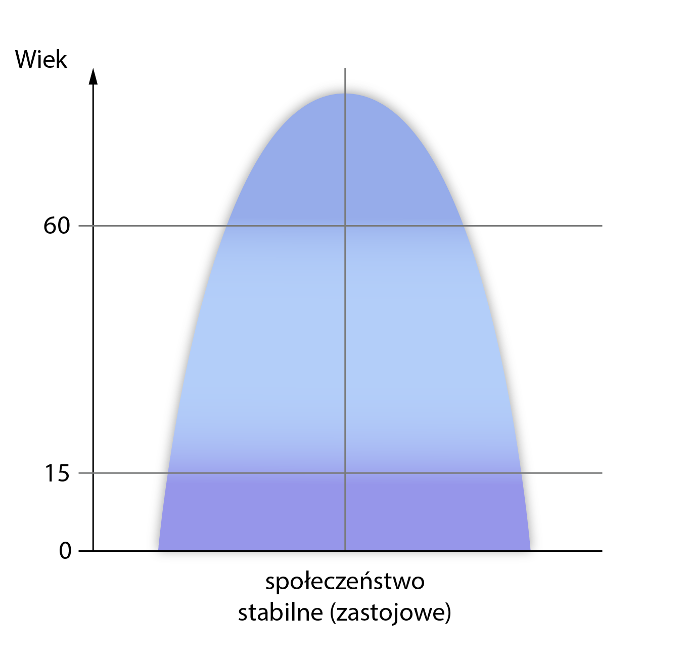 Ilustracja przedstawia kształty piramid wieku i płci dla społeczeństwa stabilnego (zastojowego). Na osi pionowej znajdującej się po lewej stronie ilustracji określono wiek od 0, przez 15 do 60 lat z wektorem w górę. Piramida ma kształt ściętej u dołu elipsy. Różnice między osobami w wieku przed- i produkcyjnym jest stosunkowo nieduża.