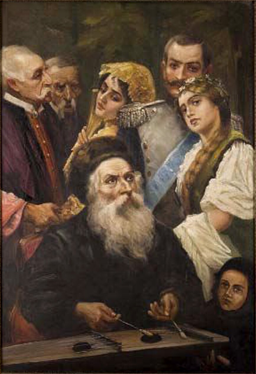 Obraz przedstawia starszego mężczyznę z długą siwą brodą, ubrany jest w ciemną koszulę, na głowie ma czapkę. W rękach trzyma pałeczki, którymi gra na cymbałach, patrzy gdzieś daleko przed siebie. Po prawej stronie przy instrumencie siedzi dziecko. Za mężczyzną stoi młoda kobieta z długim warkoczem przytulona do mężczyzny w mundurze z epoletami. Z tyłu widać jeszcze kobietę rozmawiającą z dwoma starszymi wąsatymi mężczyznami.