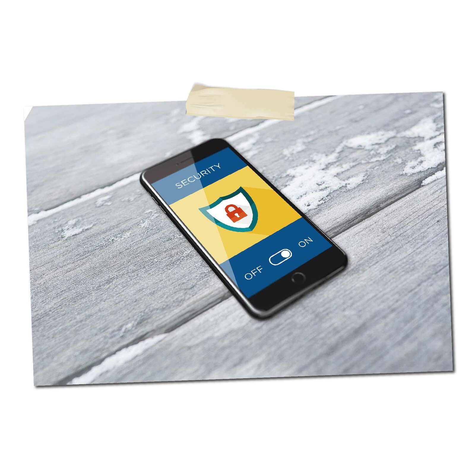 Ilustracja przedstawia smartfon leżący na powierzchni z desek. Na jego ekranie widoczna jest kłódka, napis security oraz przycisk on / off.