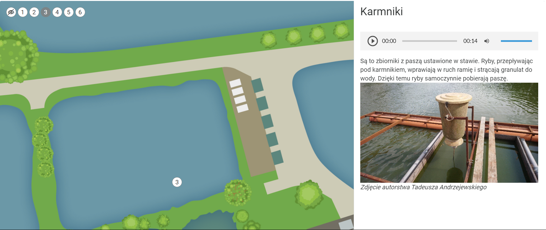 Zdjęcie przedstawia przykładową grafikę interaktywną z rozwiniętym opisem znajdującym się pod znacznikiem. Opis rozwija się po prawej stronie grafiki. Posiada tytuł, odtwarzacz audio, treść oraz zdjęcie obrazujące dane zagadnienie. Tekst audio jest tożsamy z tekstem poniżej odtwarzacza.